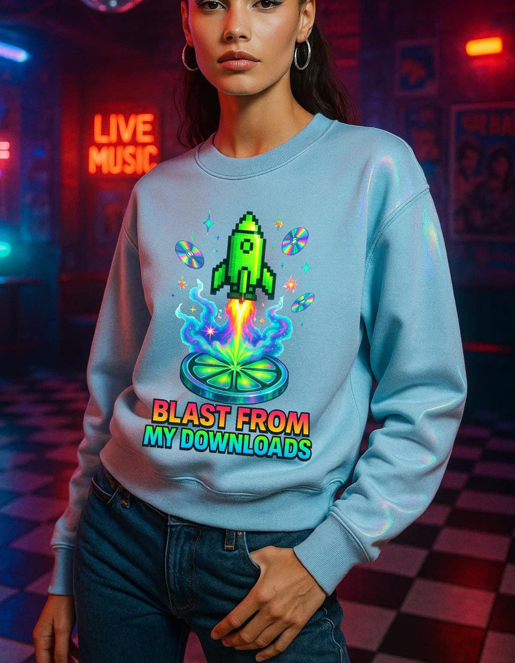 90s Rocket Graphic Sweatshirt: Retro Music Lover Pullover