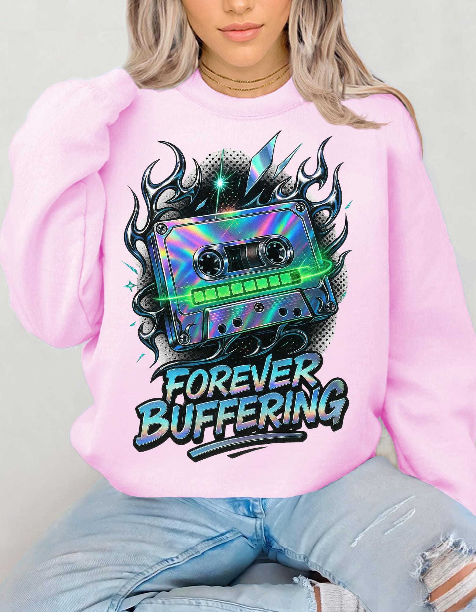 Y2K Mixed Tape Crewneck: Retro 90s 'Forever Buffering' Nostalgic Tech Fashion Sweatshirt