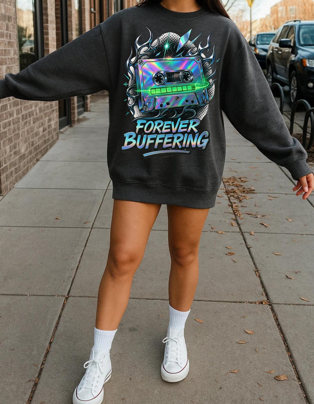 Y2K Mixed Tape Crewneck: Retro 90s 'Forever Buffering' Nostalgic Tech Fashion Sweatshirt