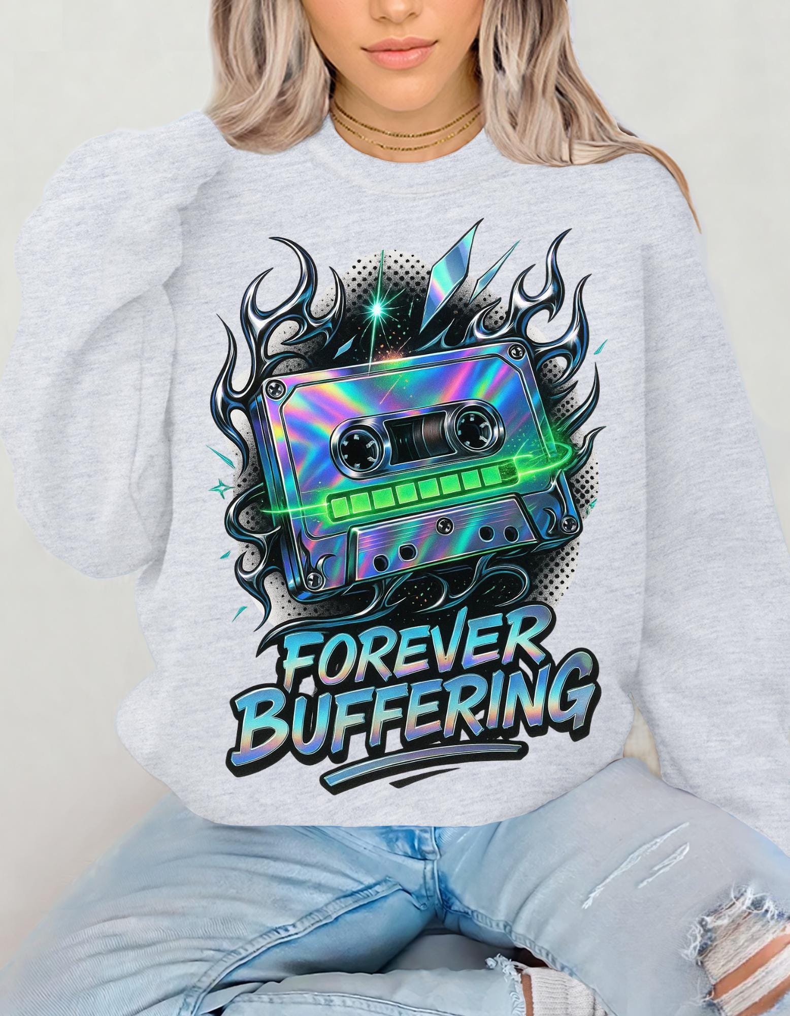 Y2K Mixed Tape Crewneck: Retro 90s 'Forever Buffering' Nostalgic Tech Fashion Sweatshirt