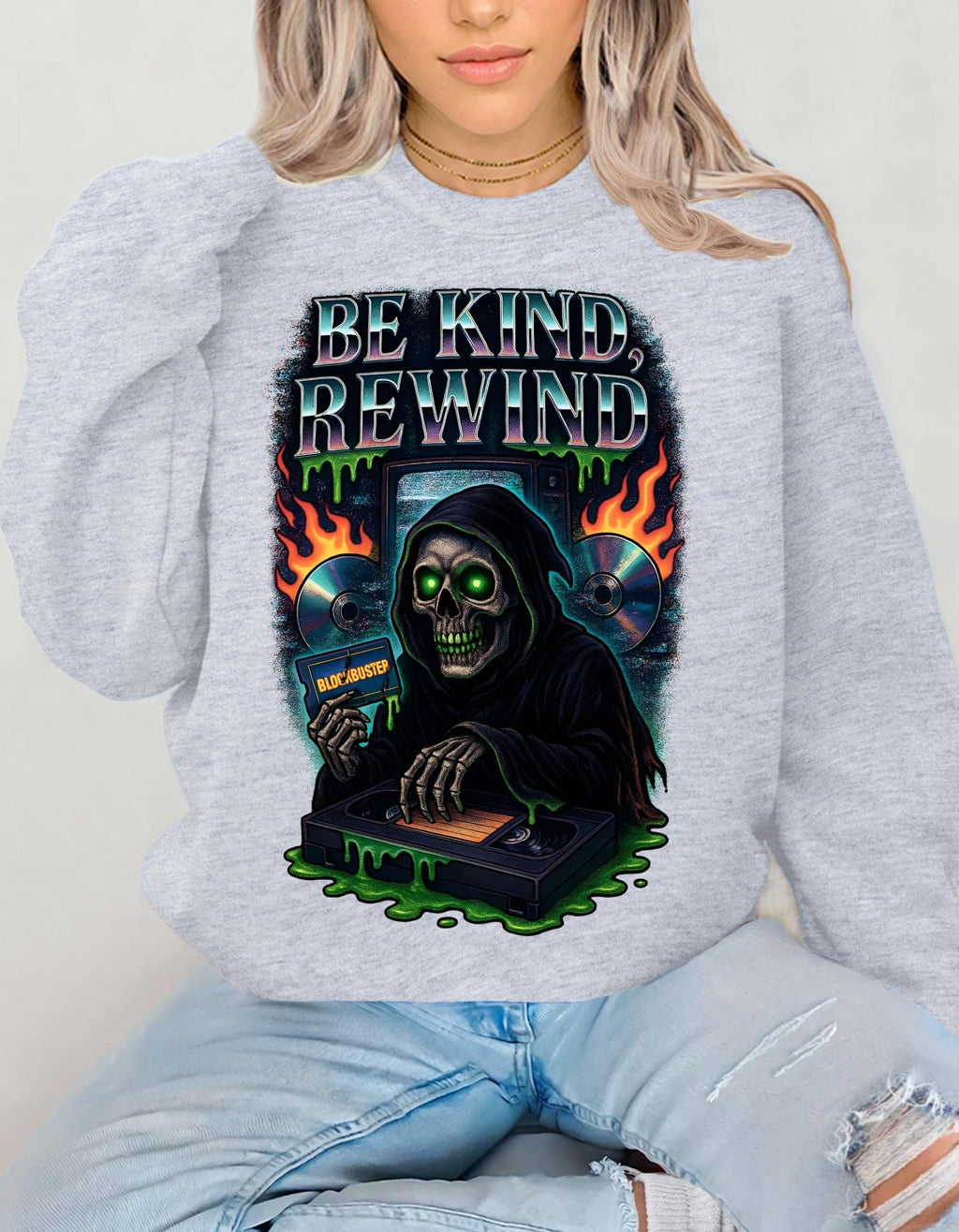 Retro 'Be Kind Rewind' Halloween Sweatshirt: Creepy Vintage Pullover