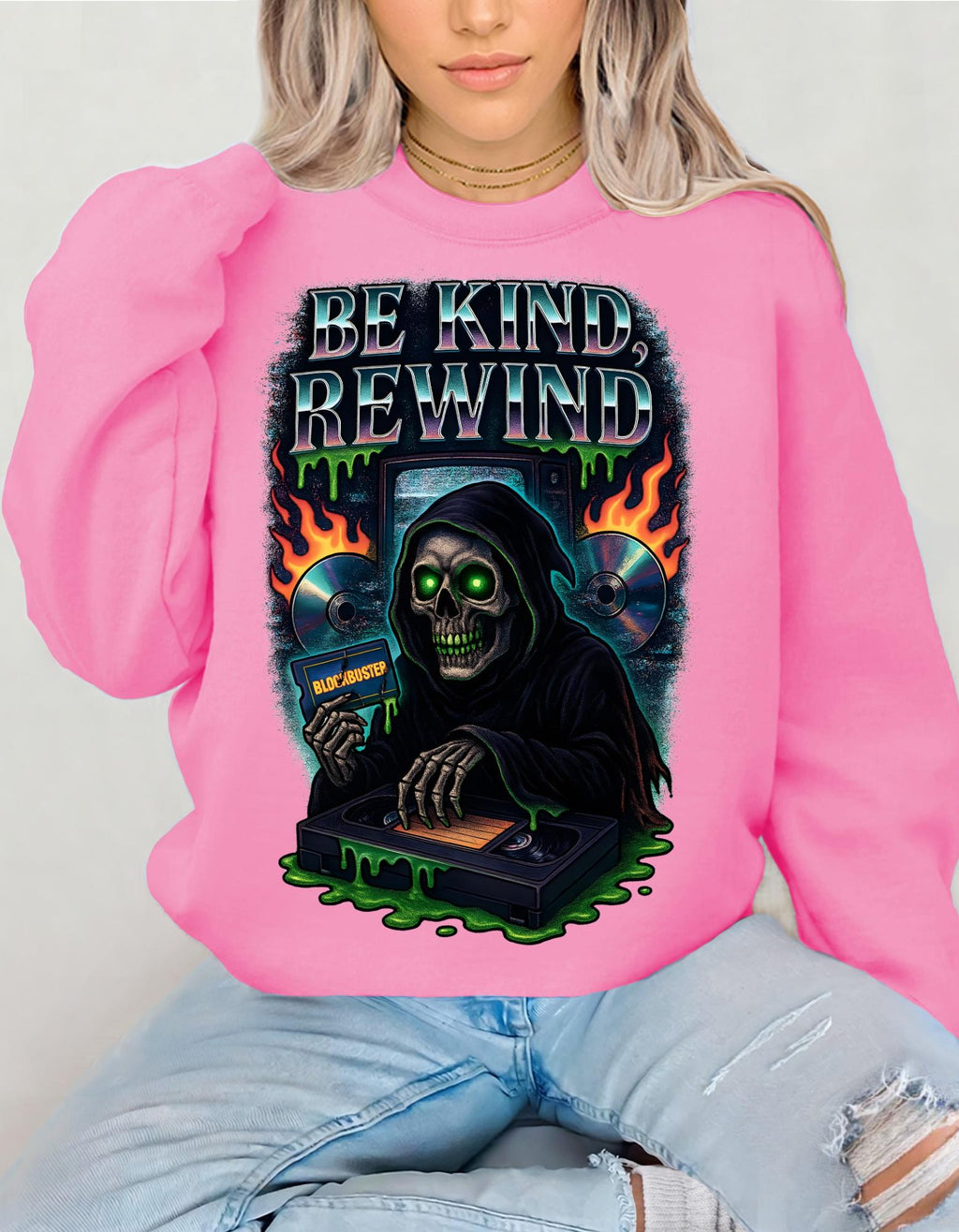 Retro 'Be Kind Rewind' Halloween Sweatshirt: Creepy Vintage Pullover