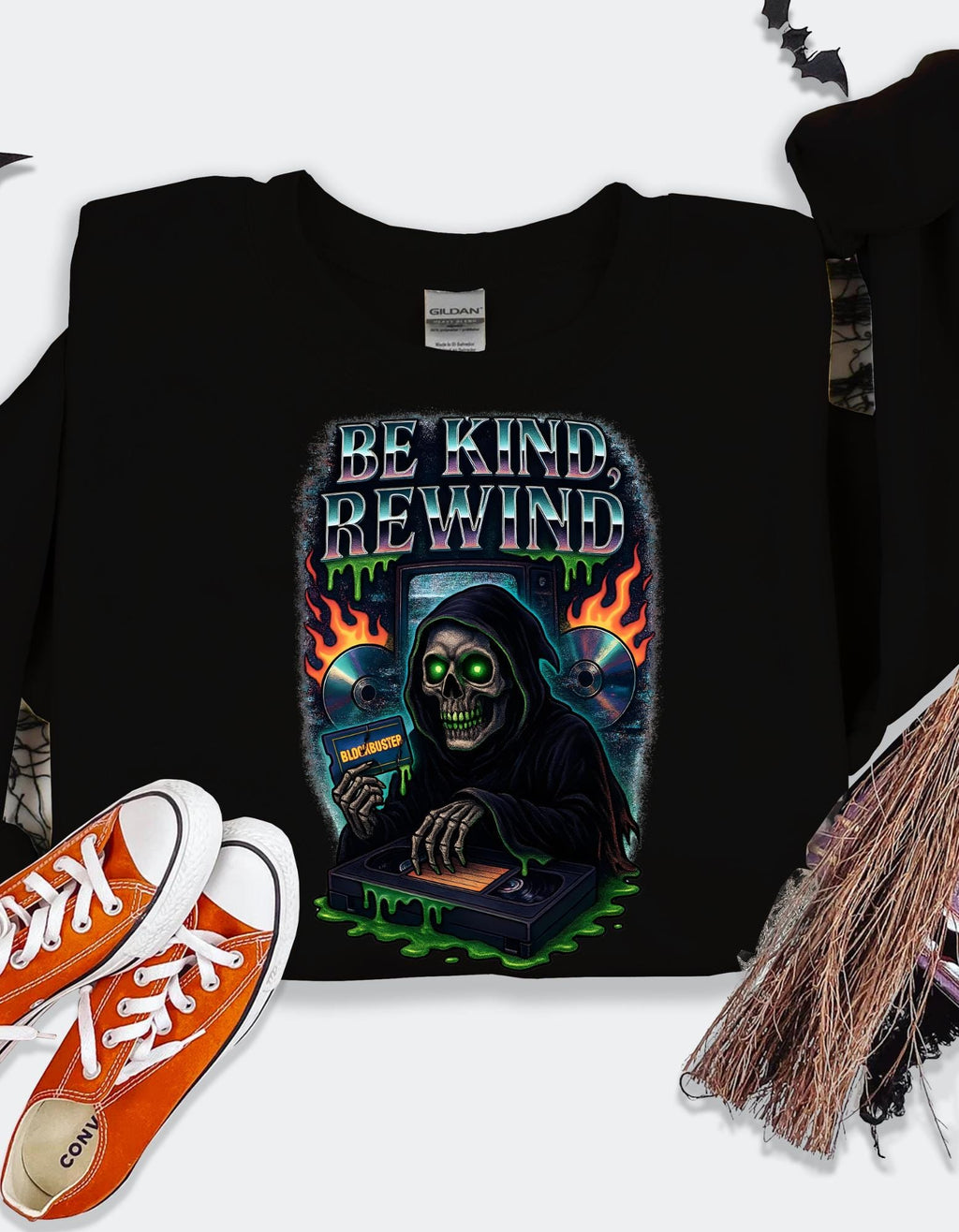 Retro 'Be Kind Rewind' Halloween Sweatshirt: Creepy Vintage Pullover