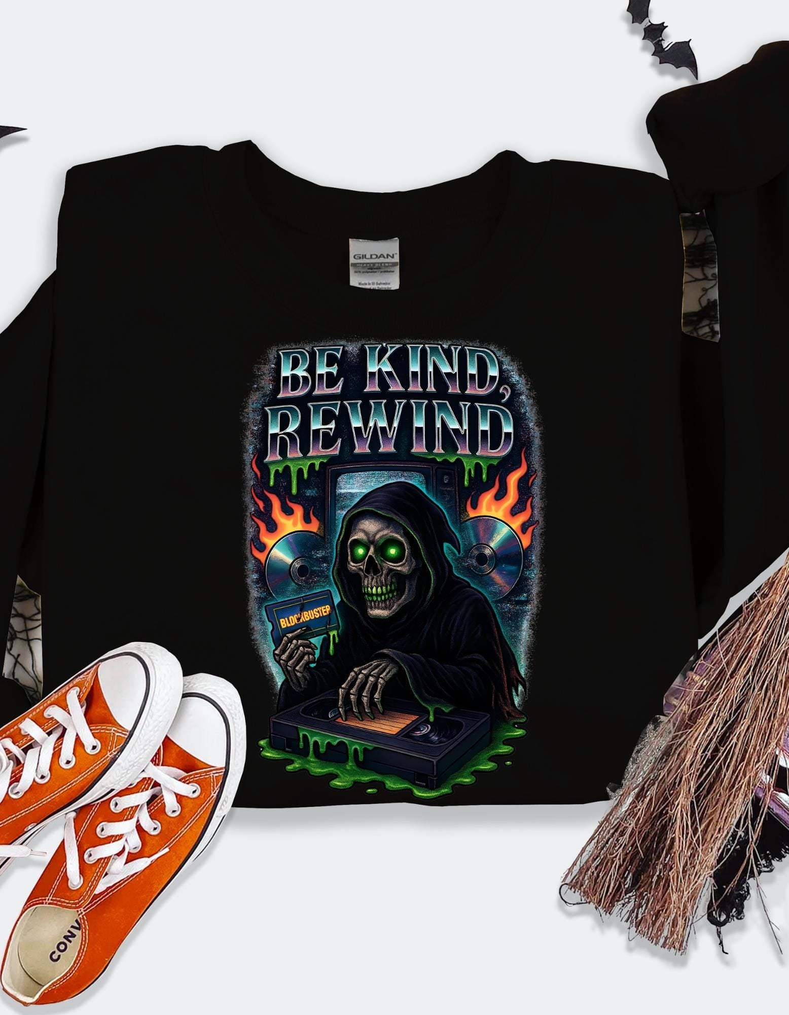 Retro 'Be Kind Rewind' Halloween Sweatshirt: Creepy Vintage Pullover