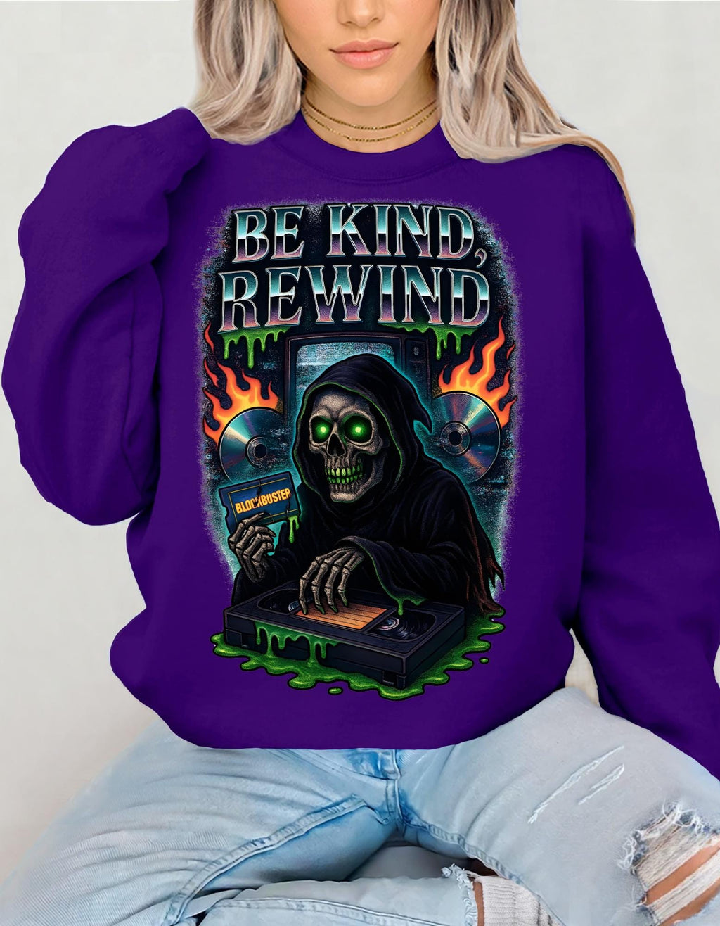 Retro 'Be Kind Rewind' Halloween Sweatshirt: Creepy Vintage Pullover
