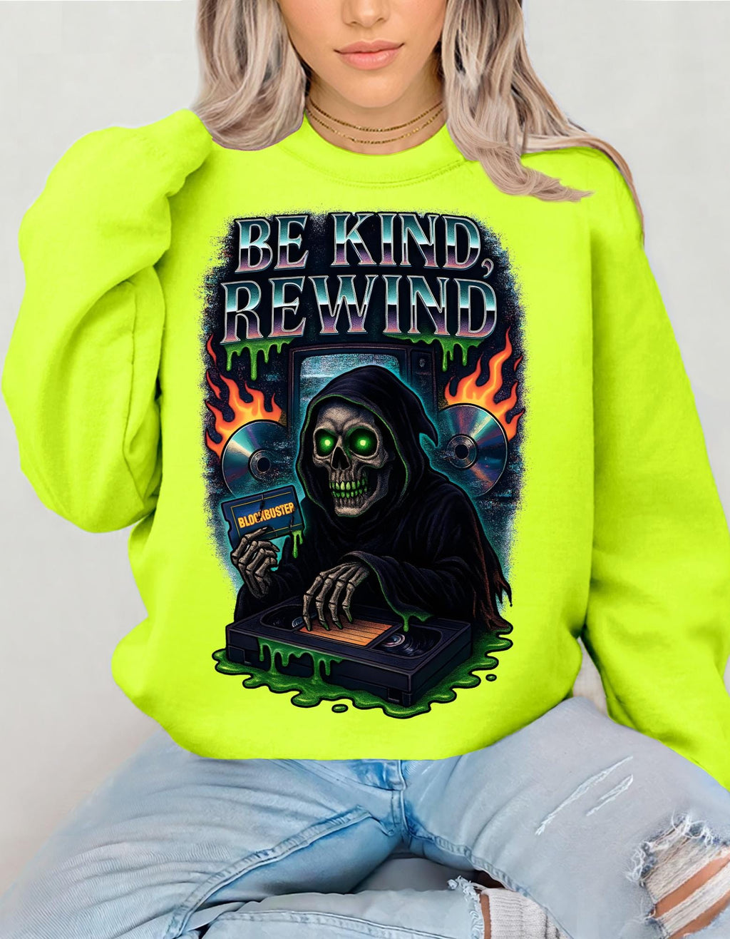 Retro 'Be Kind Rewind' Halloween Sweatshirt: Creepy Vintage Pullover
