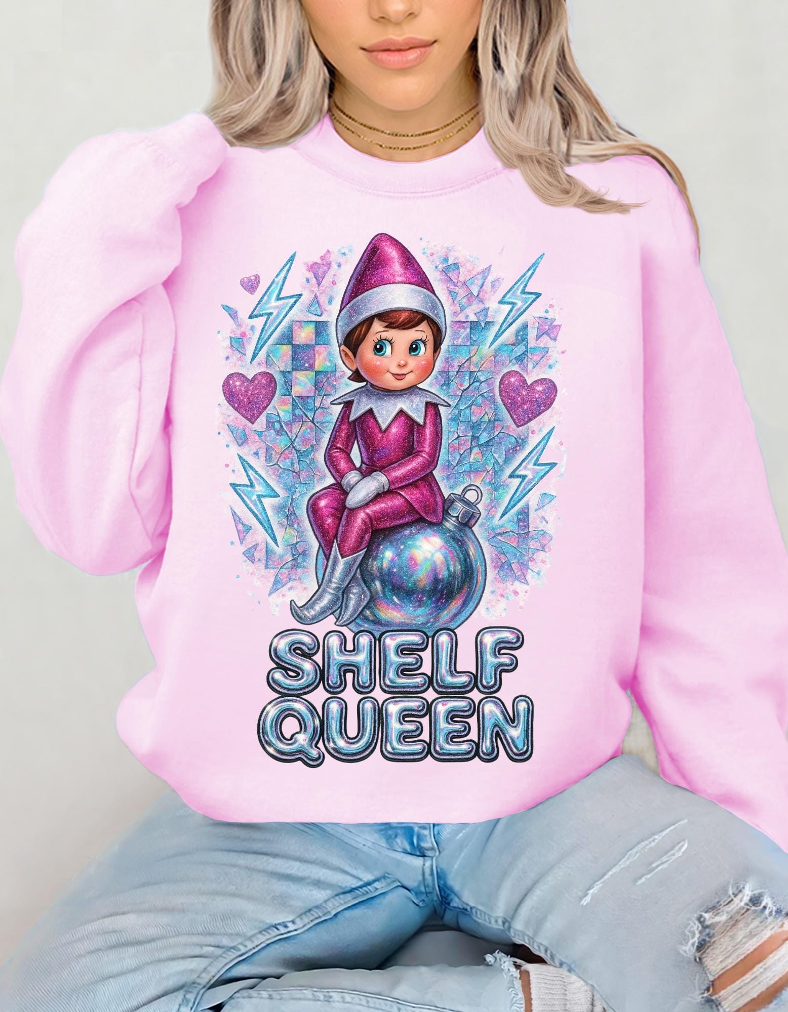 Whimsical Elf Shelf Queen Sweatshirt: Cozy Crewneck for Holiday Lounging and Festive Fashion