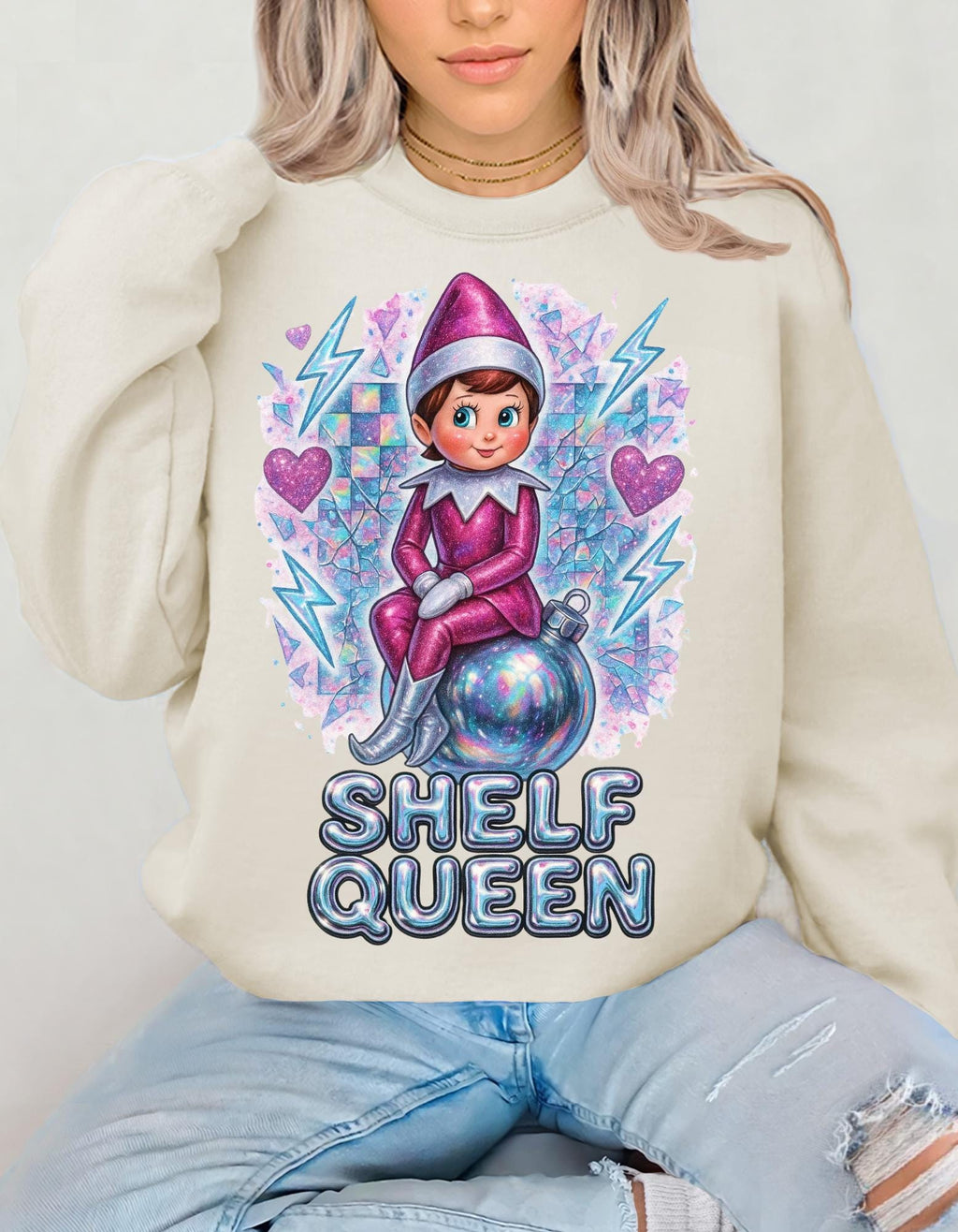 Whimsical Elf Shelf Queen Sweatshirt: Cozy Crewneck for Holiday Lounging and Festive Fashion