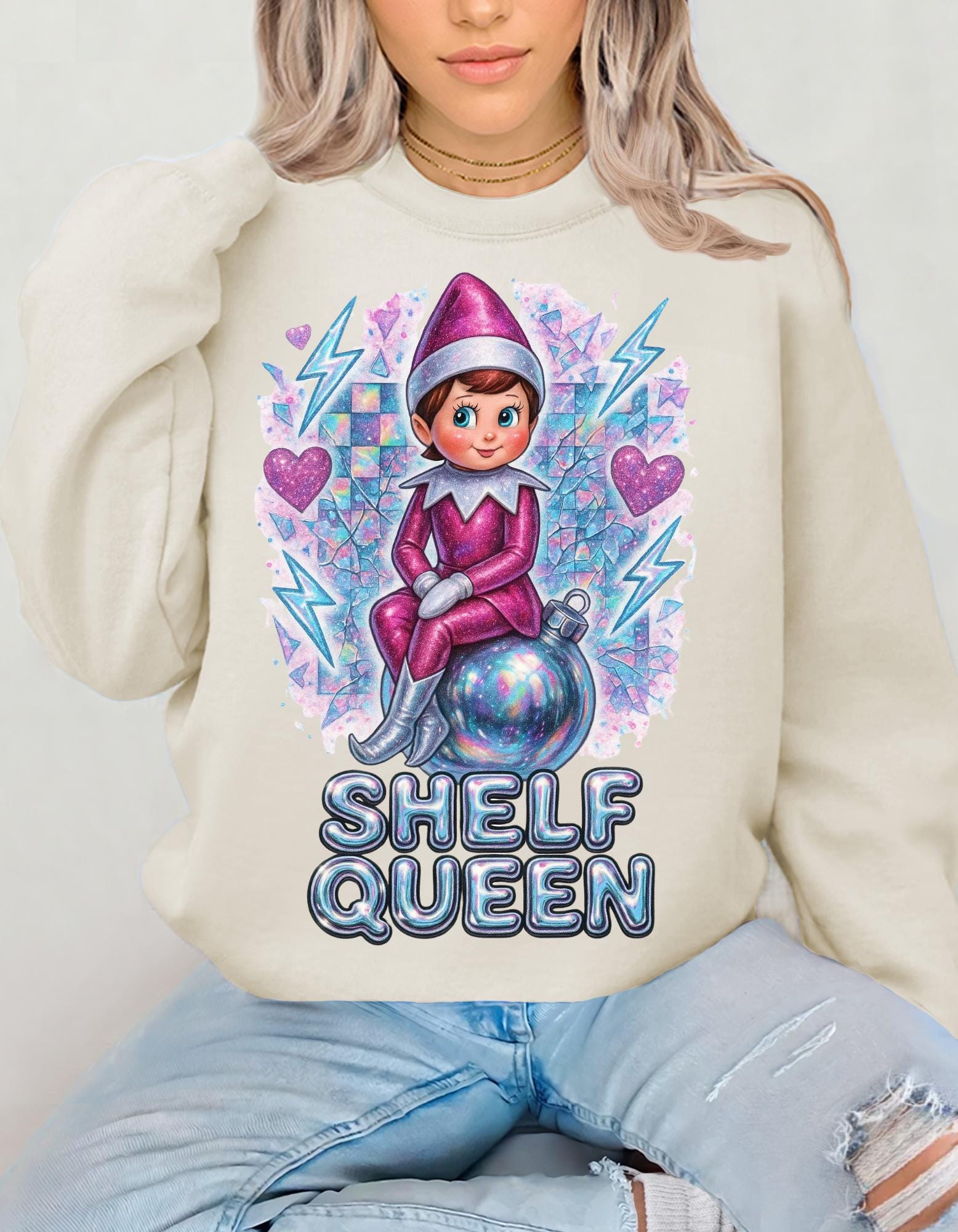 Whimsical Elf Shelf Queen Sweatshirt: Cozy Crewneck for Holiday Lounging and Festive Fashion