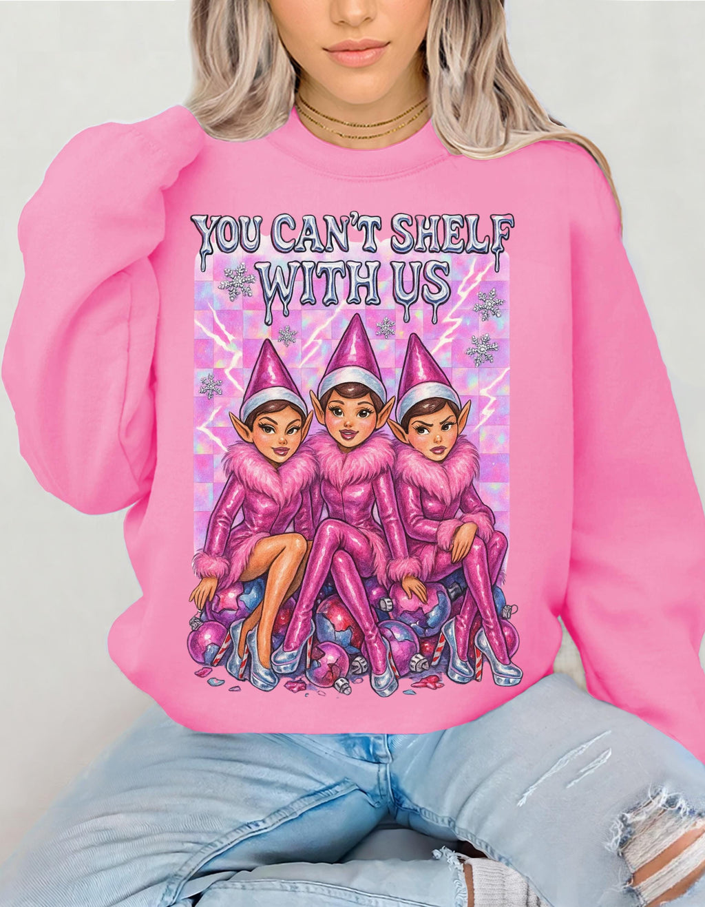 Funny Mean Elf Girls Holiday Crewneck Sweatshirt: Quirky Christmas Party Outfit for Squad Photos