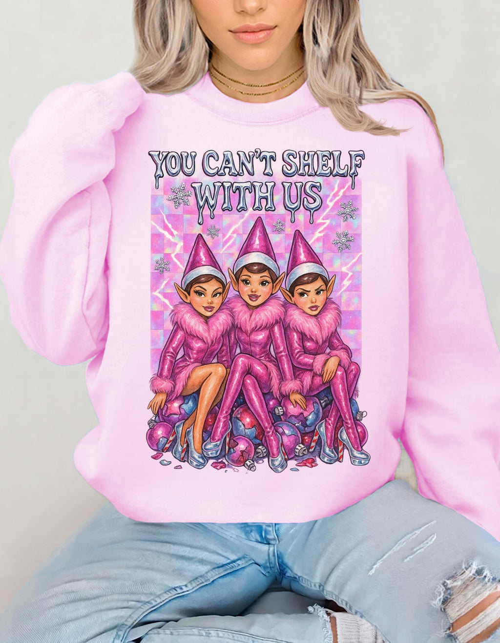 Funny Mean Elf Girls Holiday Crewneck Sweatshirt: Quirky Christmas Party Outfit for Squad Photos