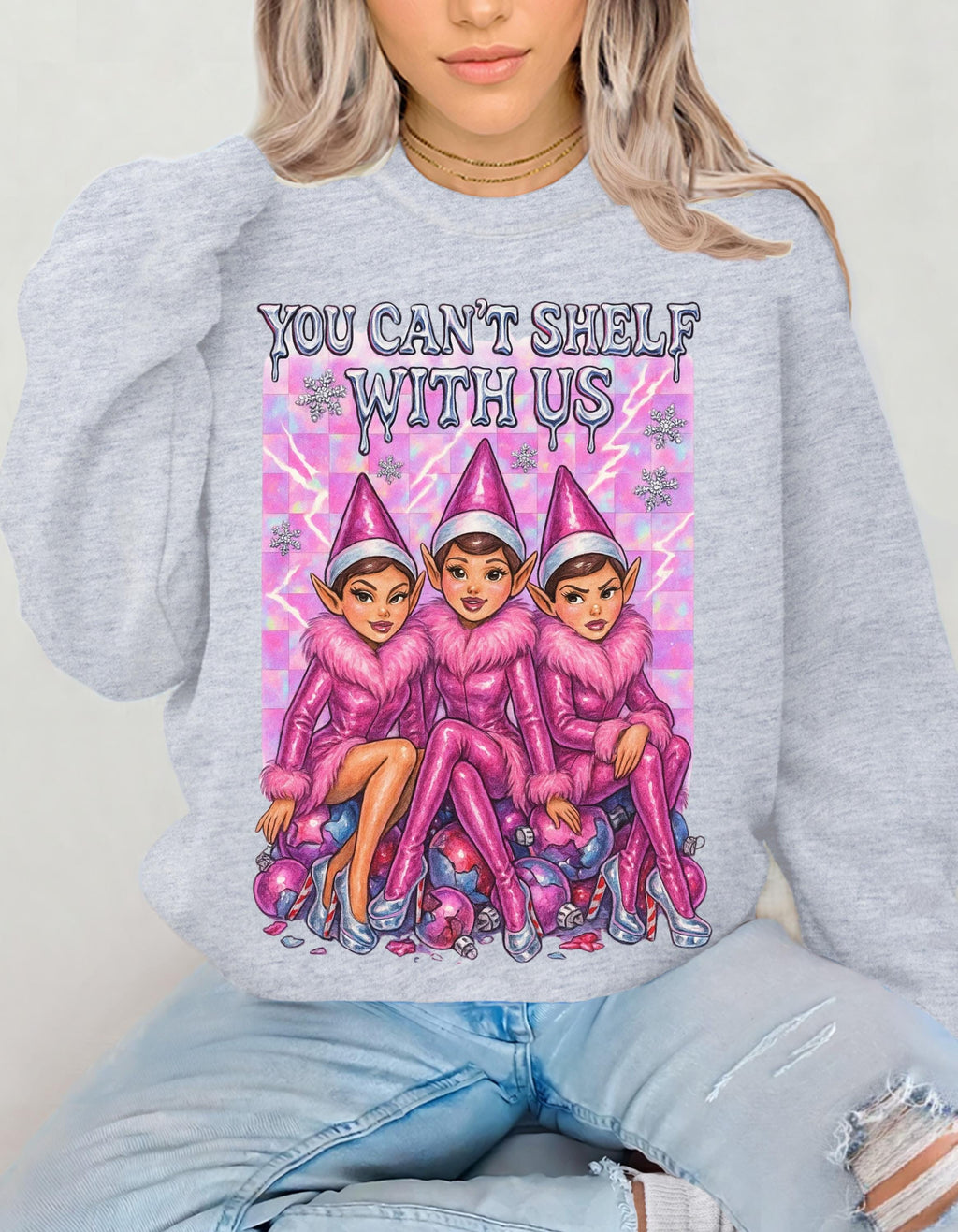 Funny Mean Elf Girls Holiday Crewneck Sweatshirt: Quirky Christmas Party Outfit for Squad Photos