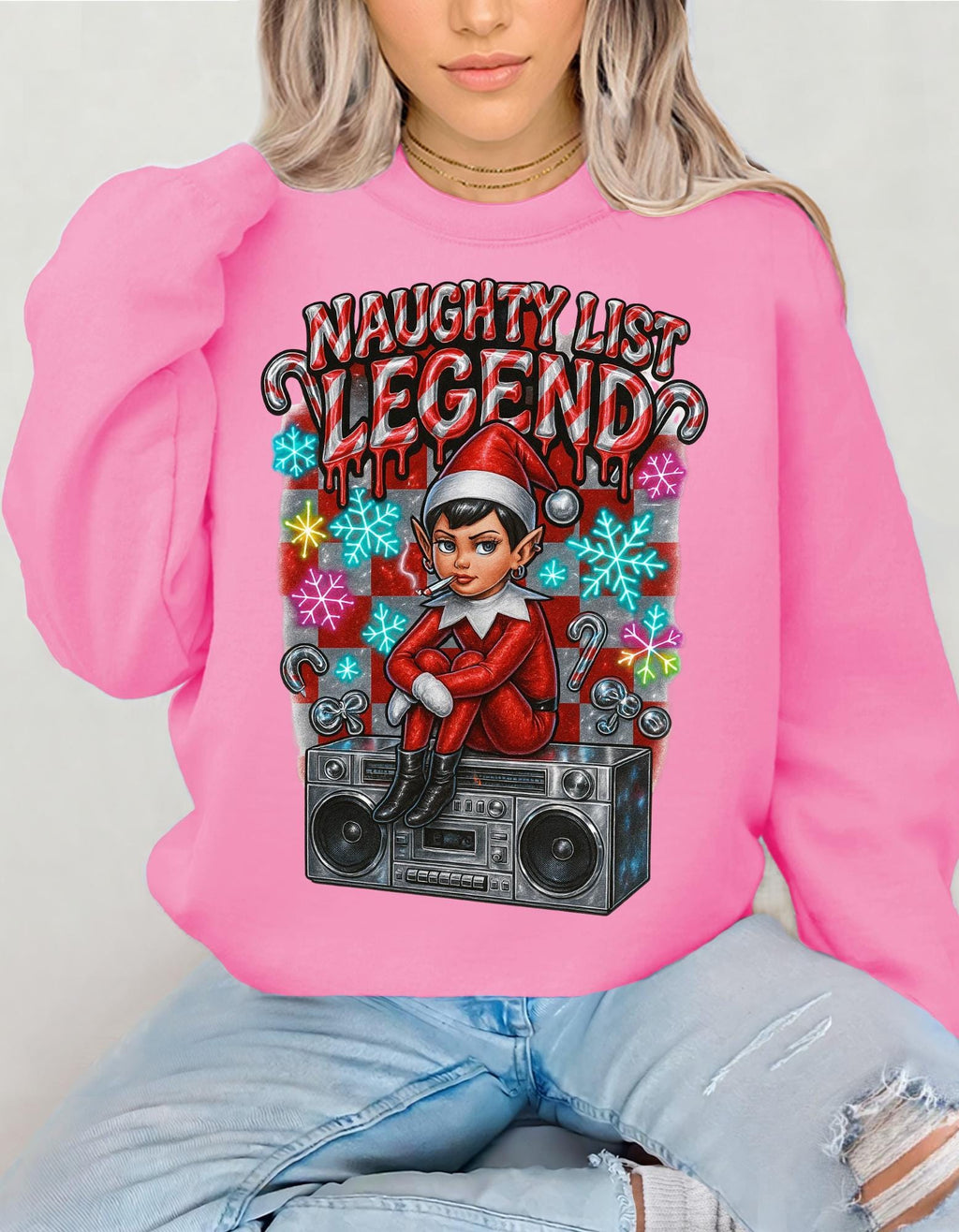 Mischievous Elf Spy Unisex Crewneck: Y2K Holiday Rebel Sweatshirt for Naughty List Enthusiasts