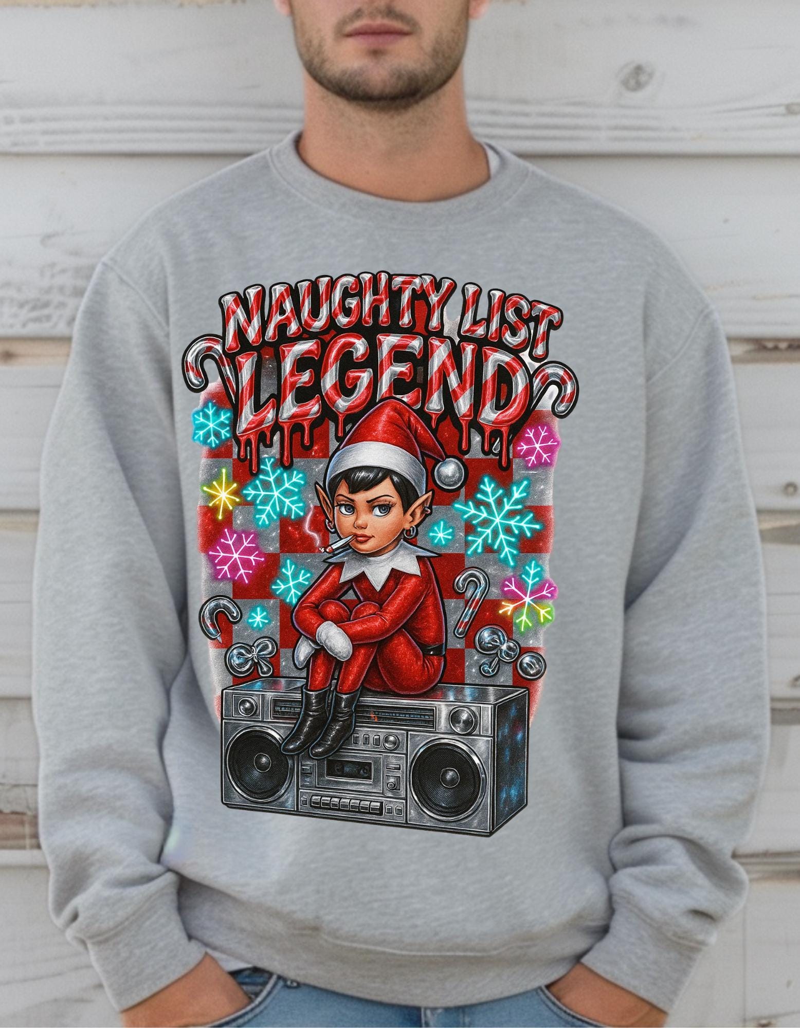 Mischievous Elf Spy Unisex Crewneck: Y2K Holiday Rebel Sweatshirt for Naughty List Enthusiasts