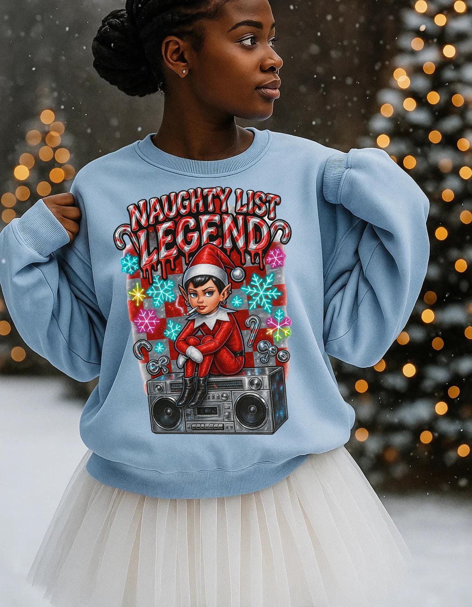 Mischievous Elf Spy Unisex Crewneck: Y2K Holiday Rebel Sweatshirt for Naughty List Enthusiasts