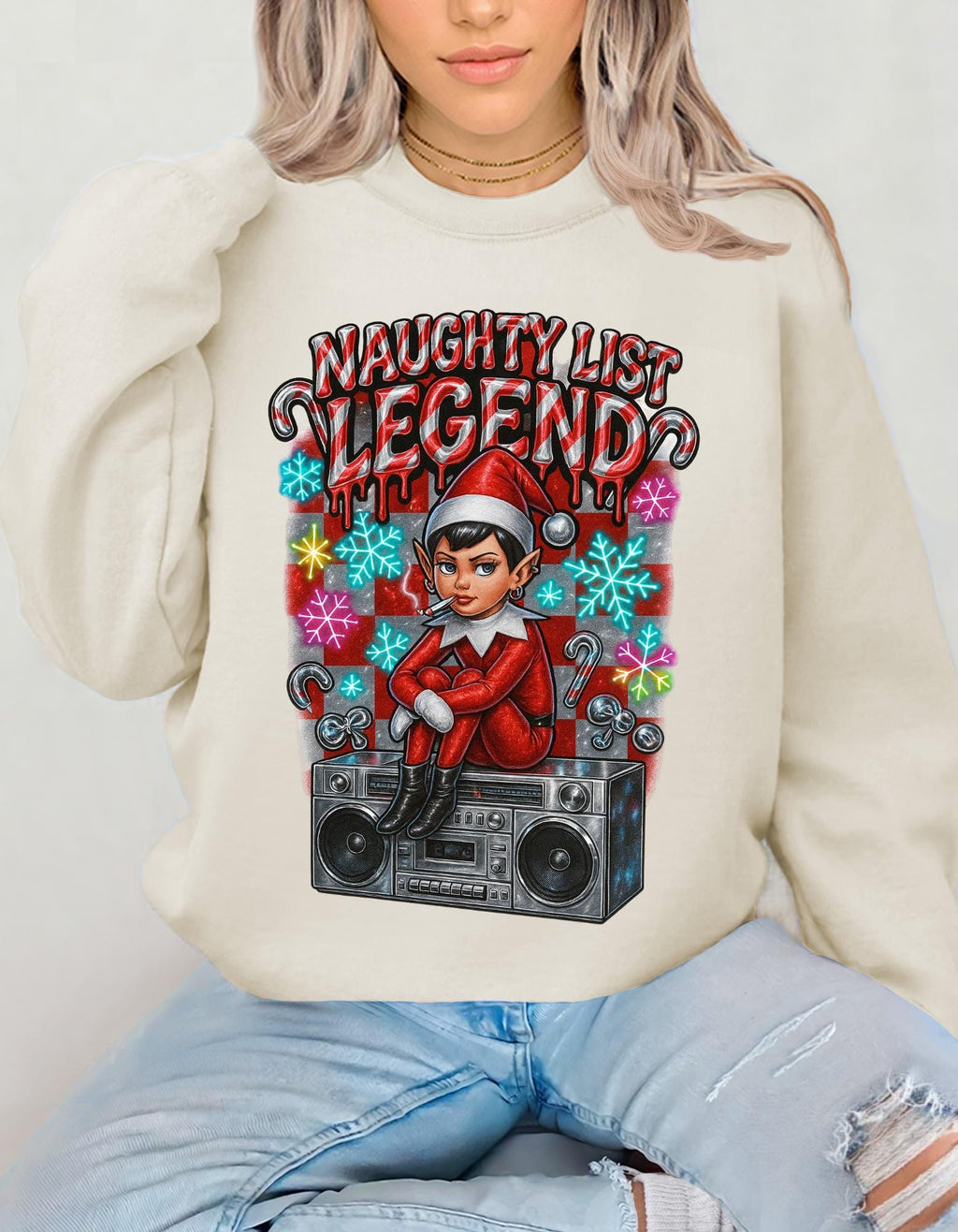 Mischievous Elf Spy Unisex Crewneck: Y2K Holiday Rebel Sweatshirt for Naughty List Enthusiasts