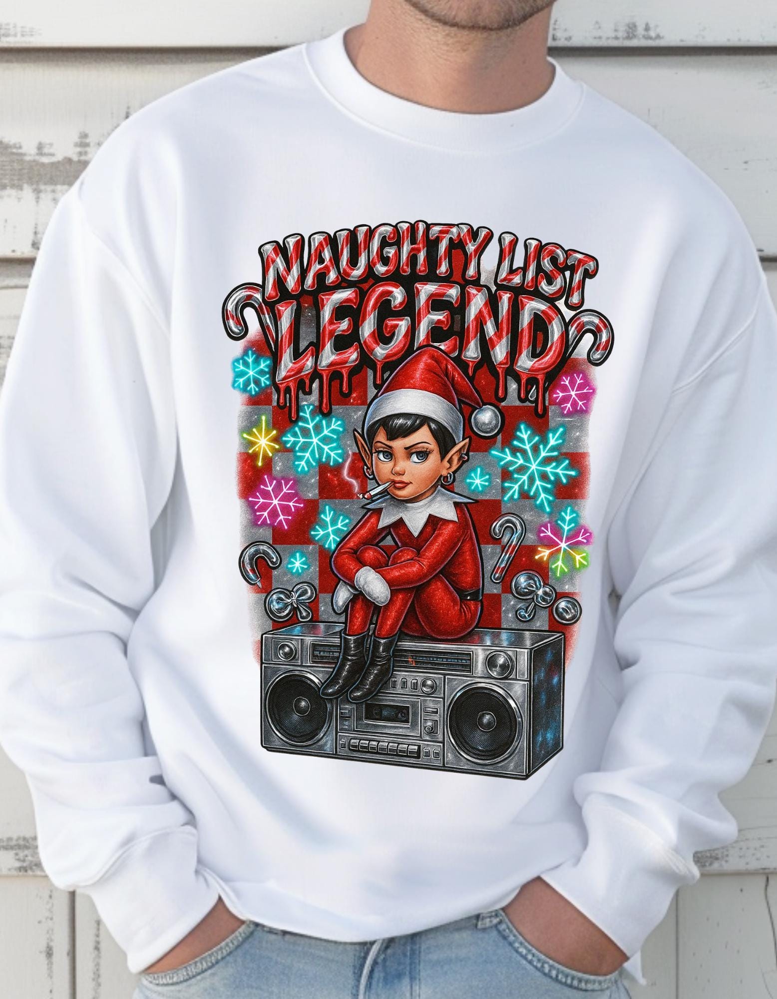Mischievous Elf Spy Unisex Crewneck: Y2K Holiday Rebel Sweatshirt for Naughty List Enthusiasts