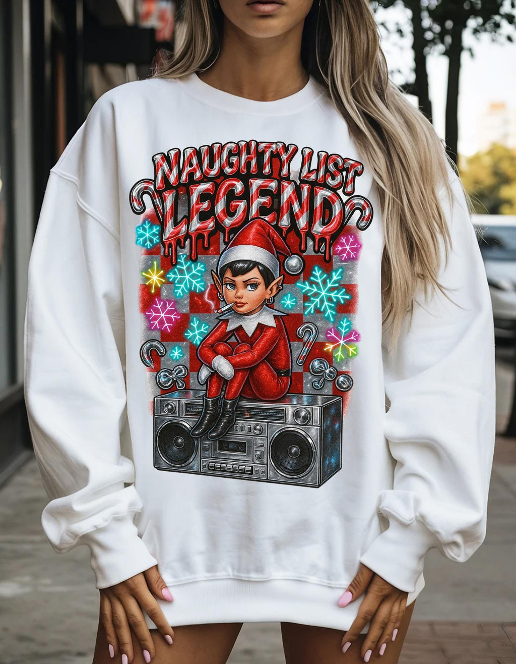 Mischievous Elf Spy Unisex Crewneck: Y2K Holiday Rebel Sweatshirt for Naughty List Enthusiasts