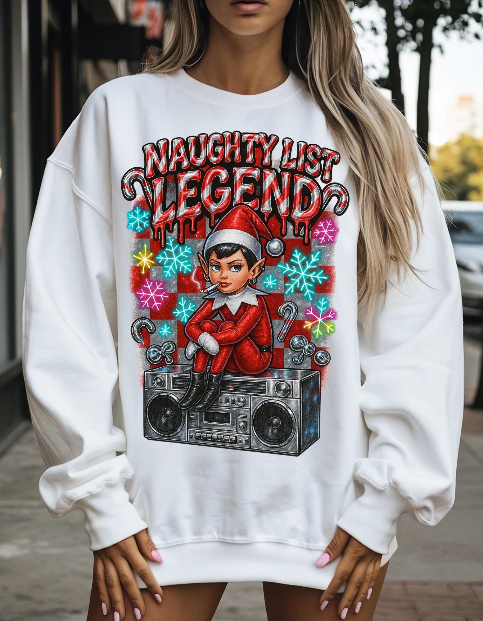 Mischievous Elf Spy Unisex Crewneck: Y2K Holiday Rebel Sweatshirt for Naughty List Enthusiasts