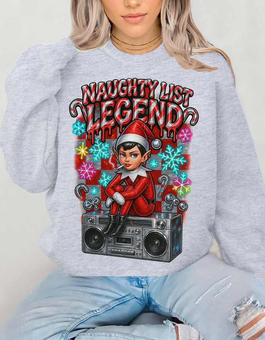 Mischievous Elf Spy Unisex Crewneck: Y2K Holiday Rebel Sweatshirt for Naughty List Enthusiasts