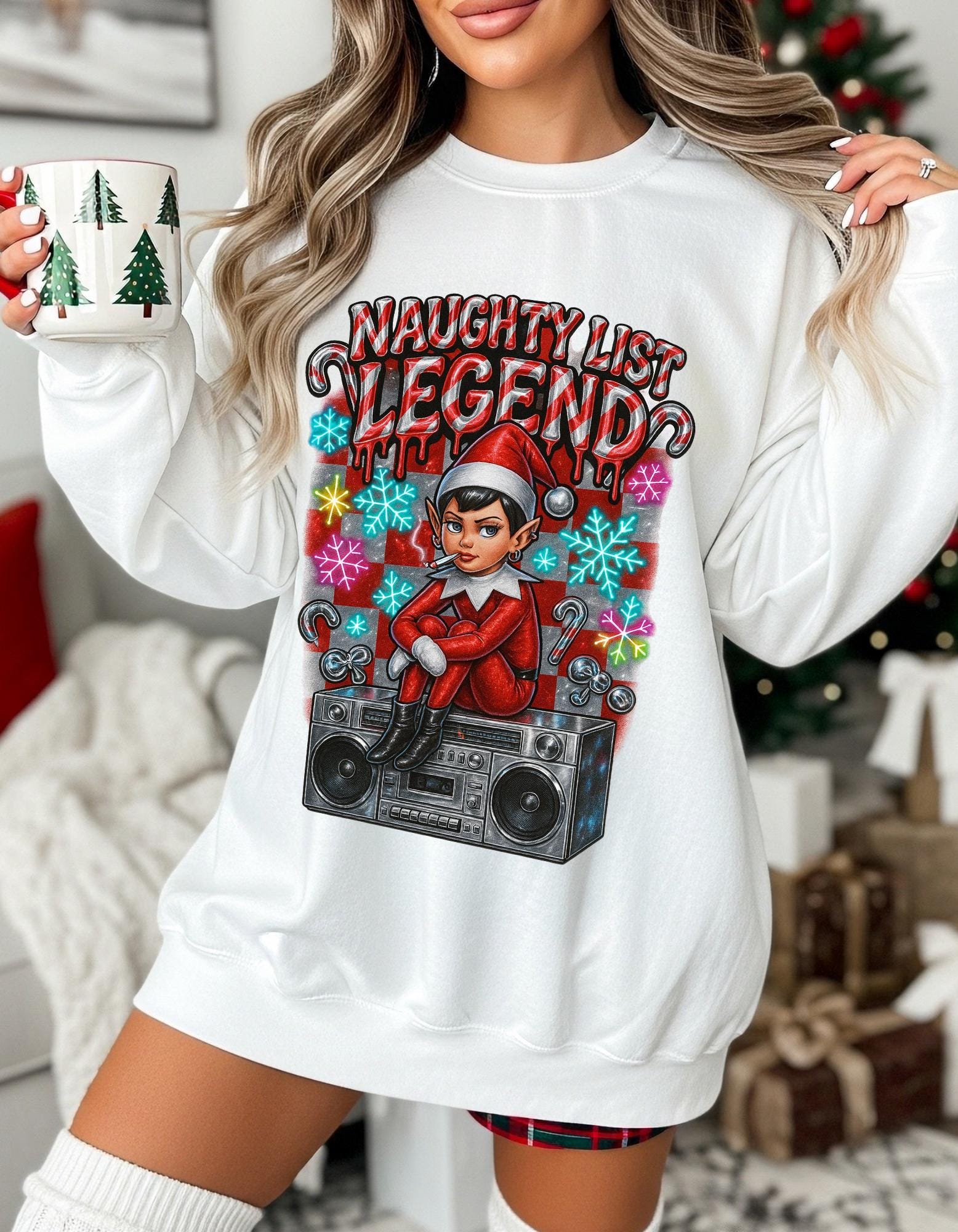 Mischievous Elf Spy Unisex Crewneck: Y2K Holiday Rebel Sweatshirt for Naughty List Enthusiasts