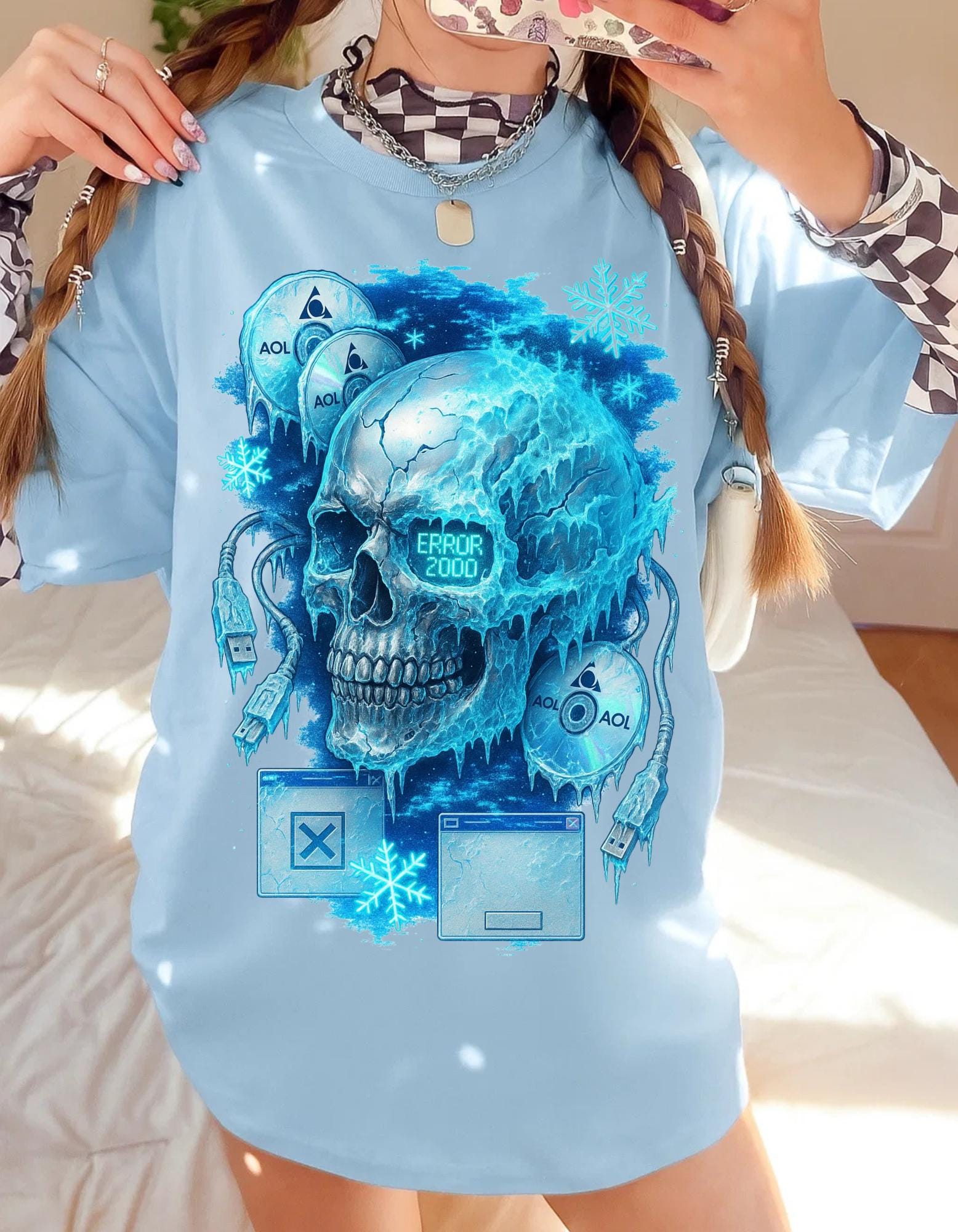 Retro Y2K Frozen Skull Graphic Tee: Spooky Halloween Horror Clothing, Unisex Cotton Creepy Top