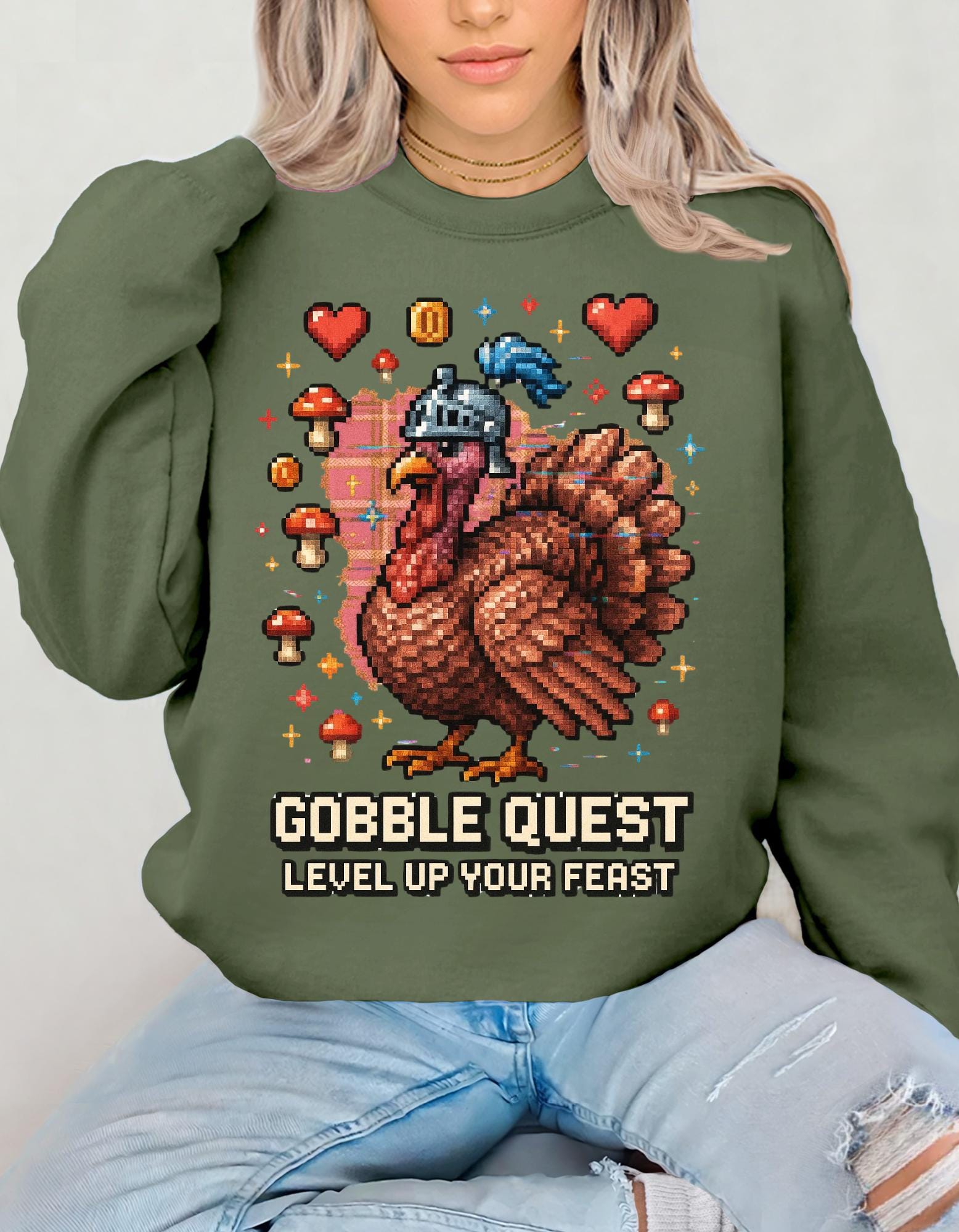 Gobble Quest Thanksgiving Gamer Sweatshirt: Retro Pixel Turkey Day Unisex Crewneck Hoodie Gift