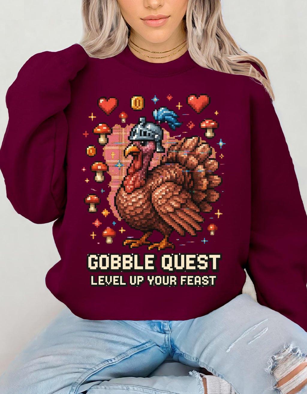 Gobble Quest Thanksgiving Gamer Sweatshirt: Retro Pixel Turkey Day Unisex Crewneck Hoodie Gift