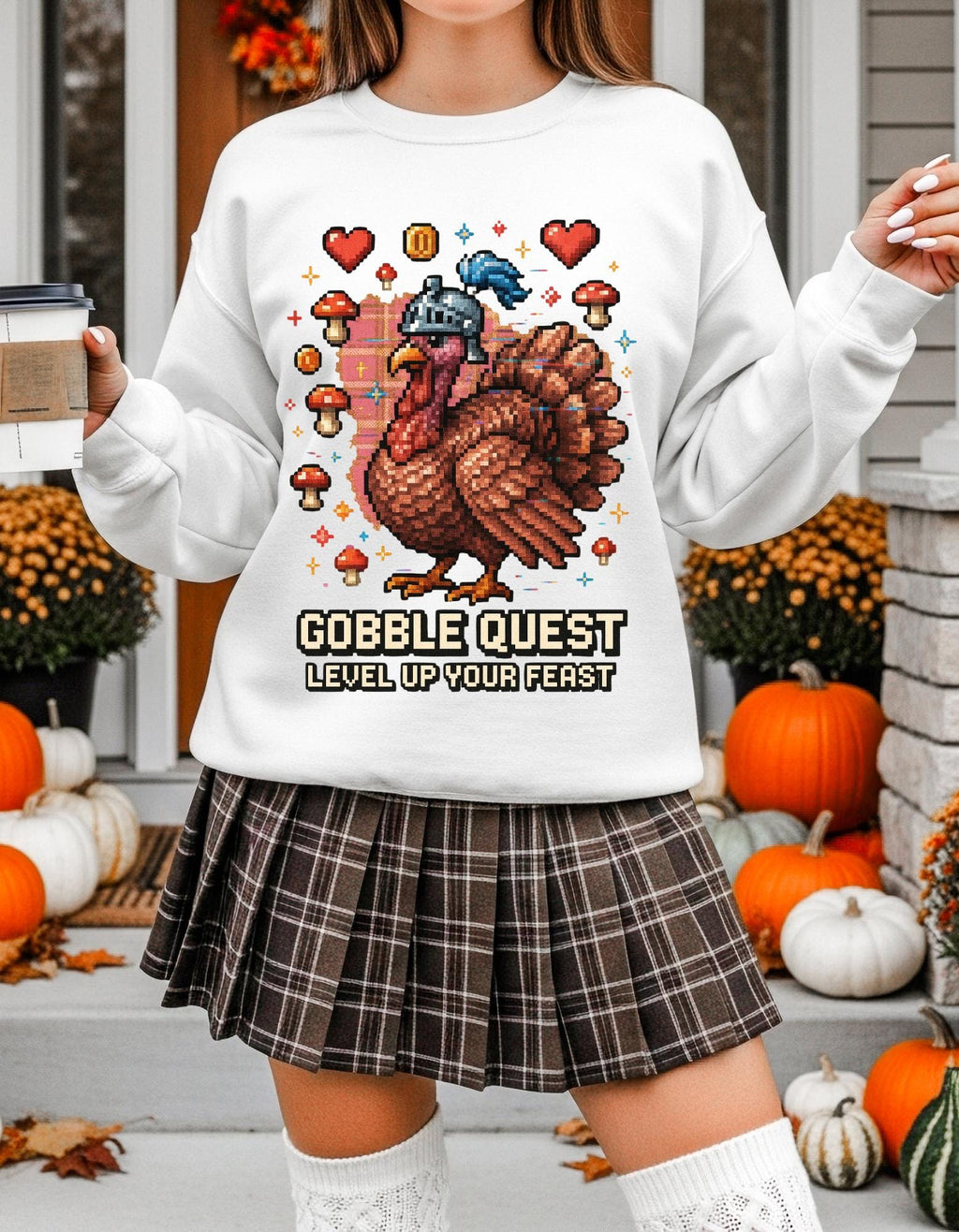 Gobble Quest Thanksgiving Gamer Sweatshirt: Retro Pixel Turkey Day Unisex Crewneck Hoodie Gift