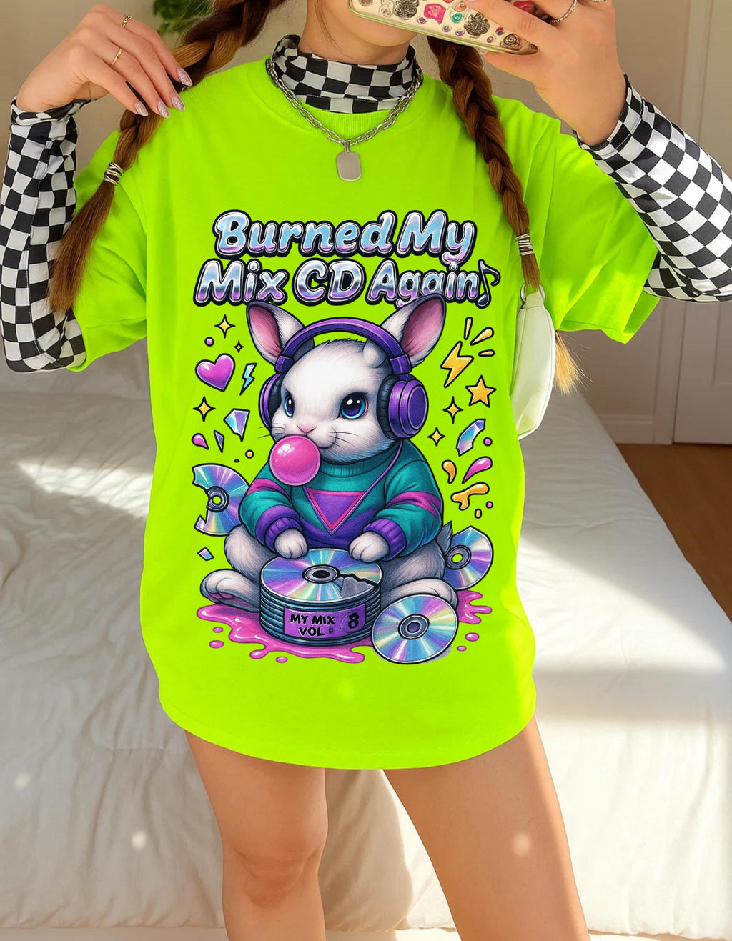 Y2K Bunny Graphic Tee Lime Green Oversized Unisex T-Shirt Vintage Cotton Casual Wear Gift