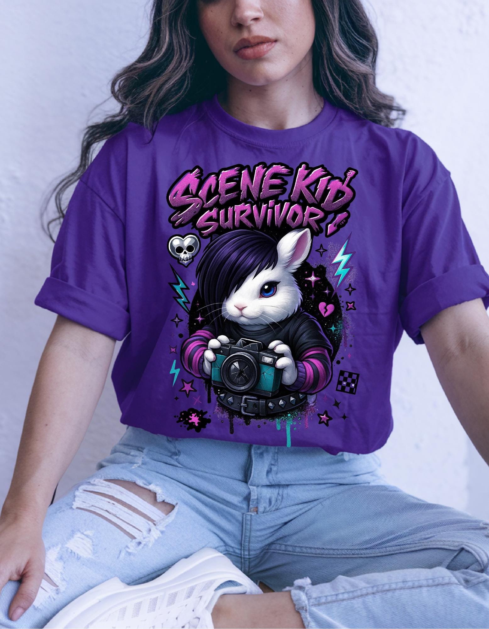 Scene Kid Survivor Emo Bunny Y2K Nostalgia Graphic Tee Alternative Fashion Shirt