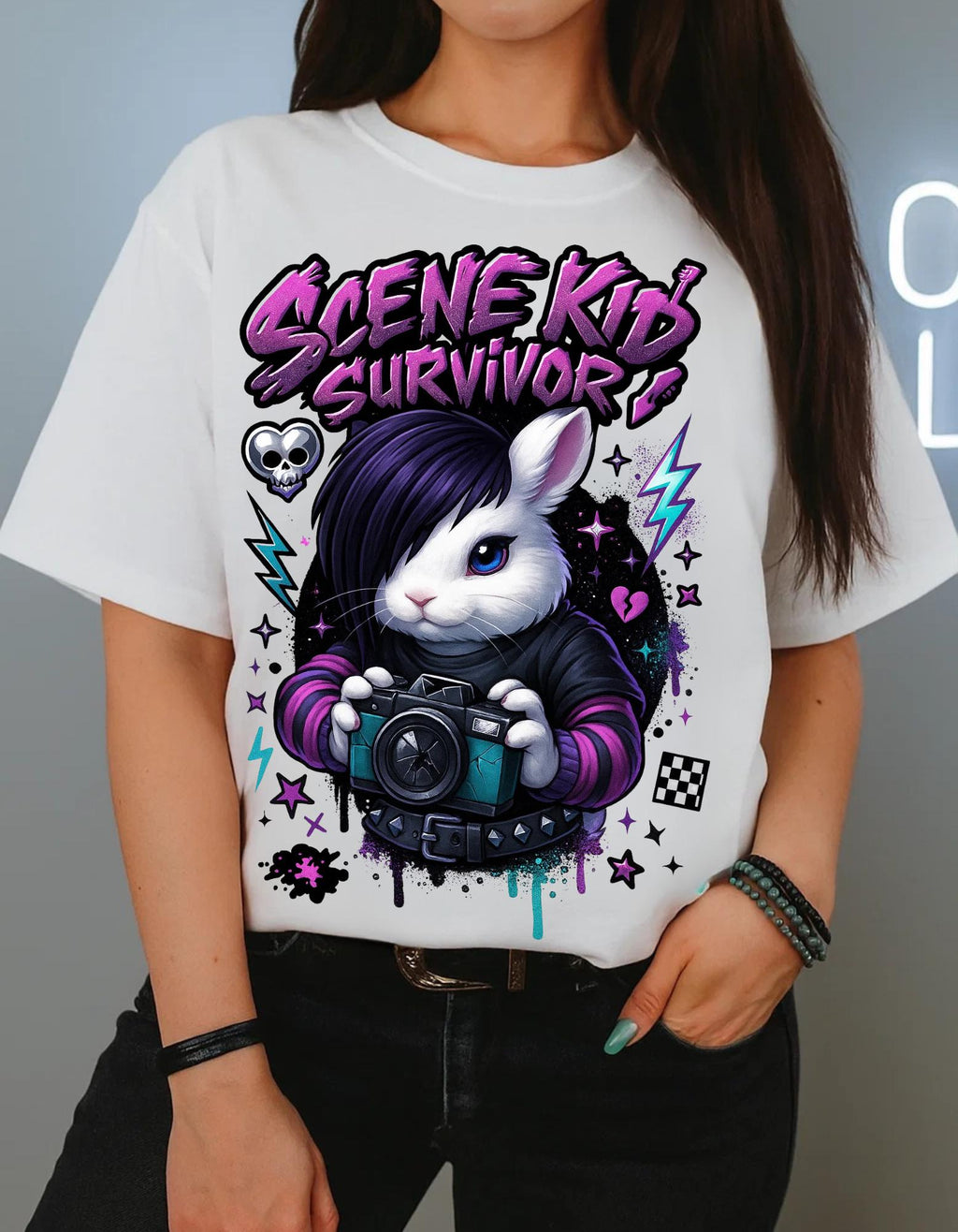 Scene Kid Survivor Emo Bunny Y2K Nostalgia Graphic Tee Alternative Fashion Shirt