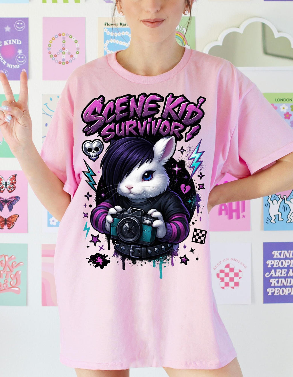 Scene Kid Survivor Emo Bunny Y2K Nostalgia Graphic Tee Alternative Fashion Shirt