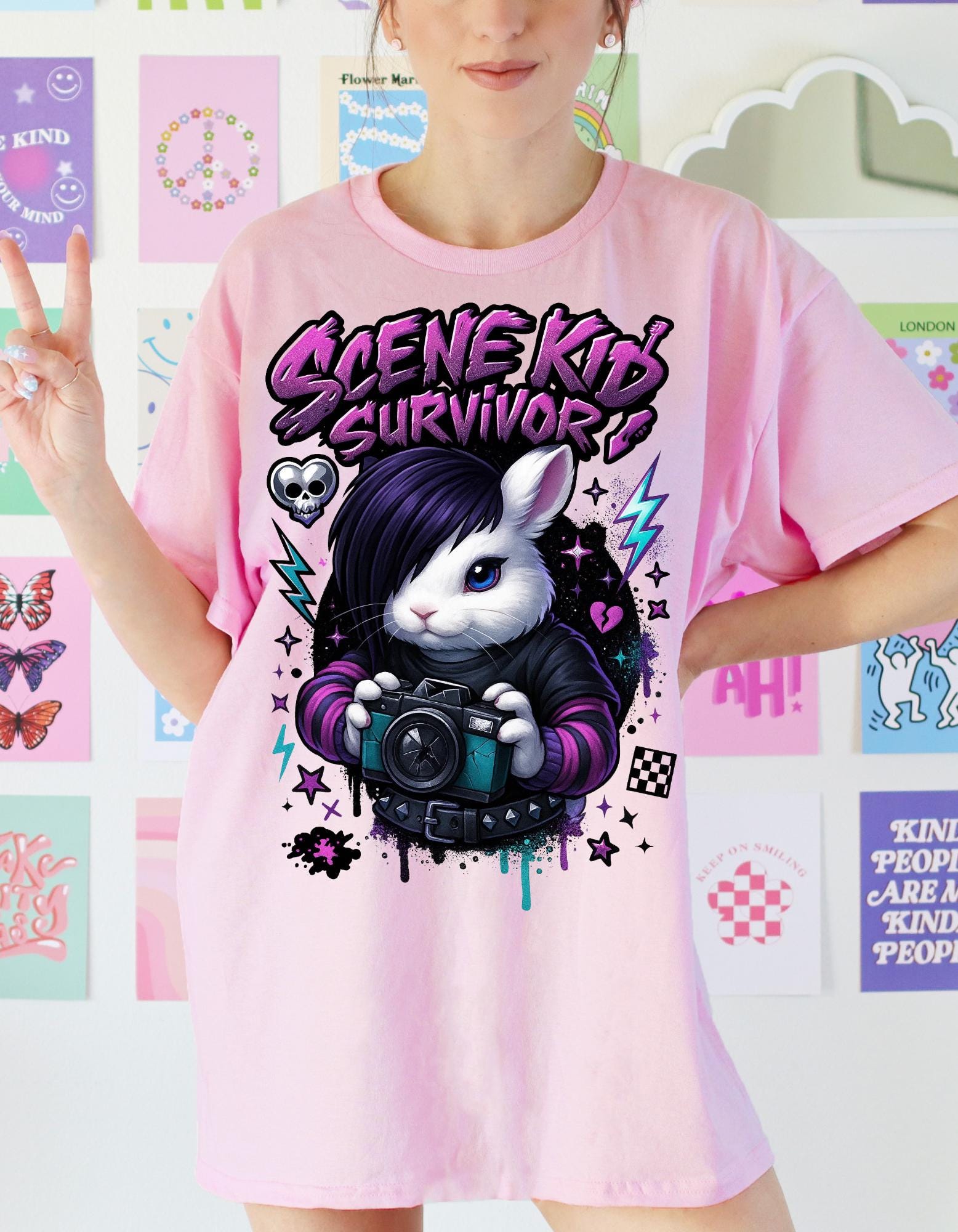 Scene Kid Survivor Emo Bunny Y2K Nostalgia Graphic Tee Alternative Fashion Shirt