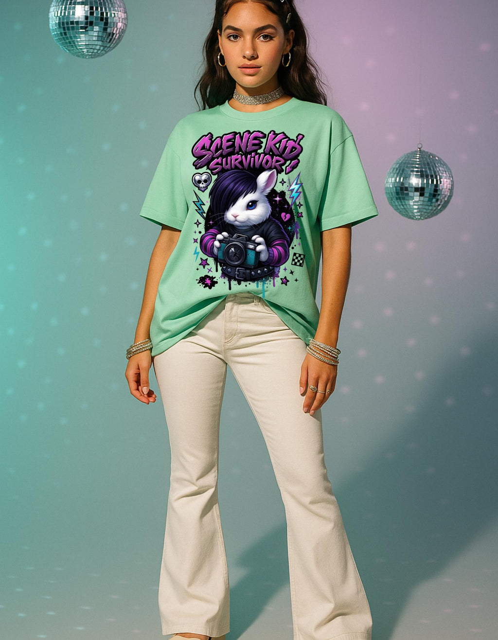 Scene Kid Survivor Emo Bunny Y2K Nostalgia Graphic Tee Alternative Fashion Shirt