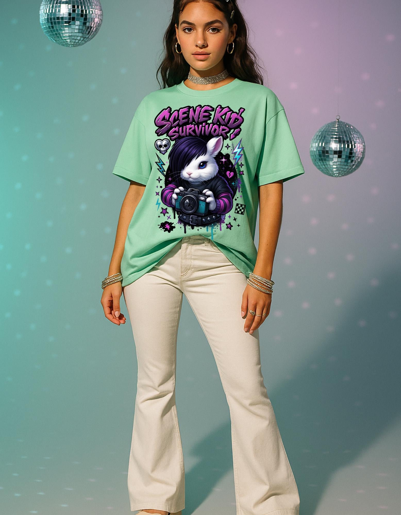 Scene Kid Survivor Emo Bunny Y2K Nostalgia Graphic Tee Alternative Fashion Shirt