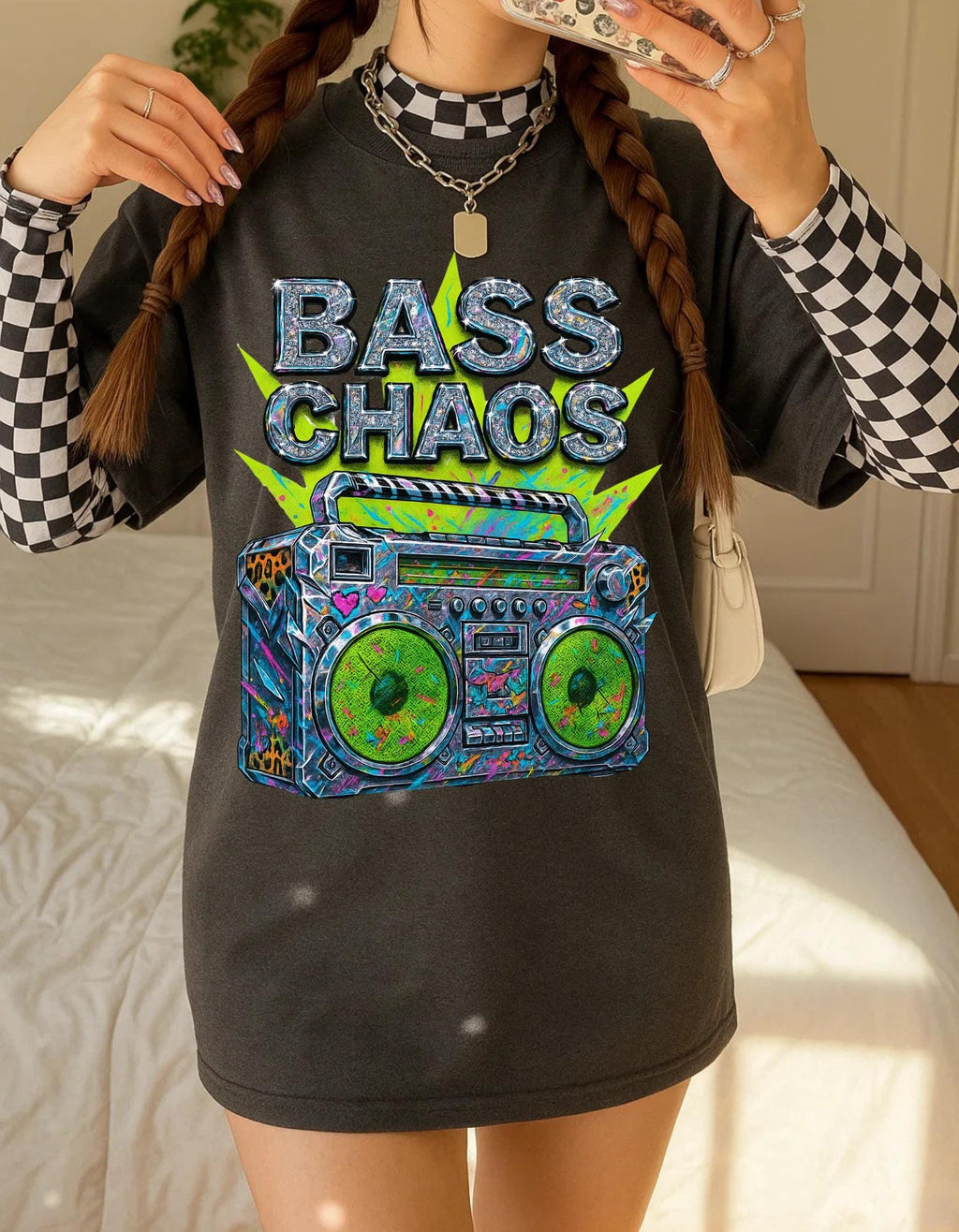 Vibrant Neon Speaker Graphic Tee: Y2K Retro Festival Shirt for Music Lovers & Hipsters