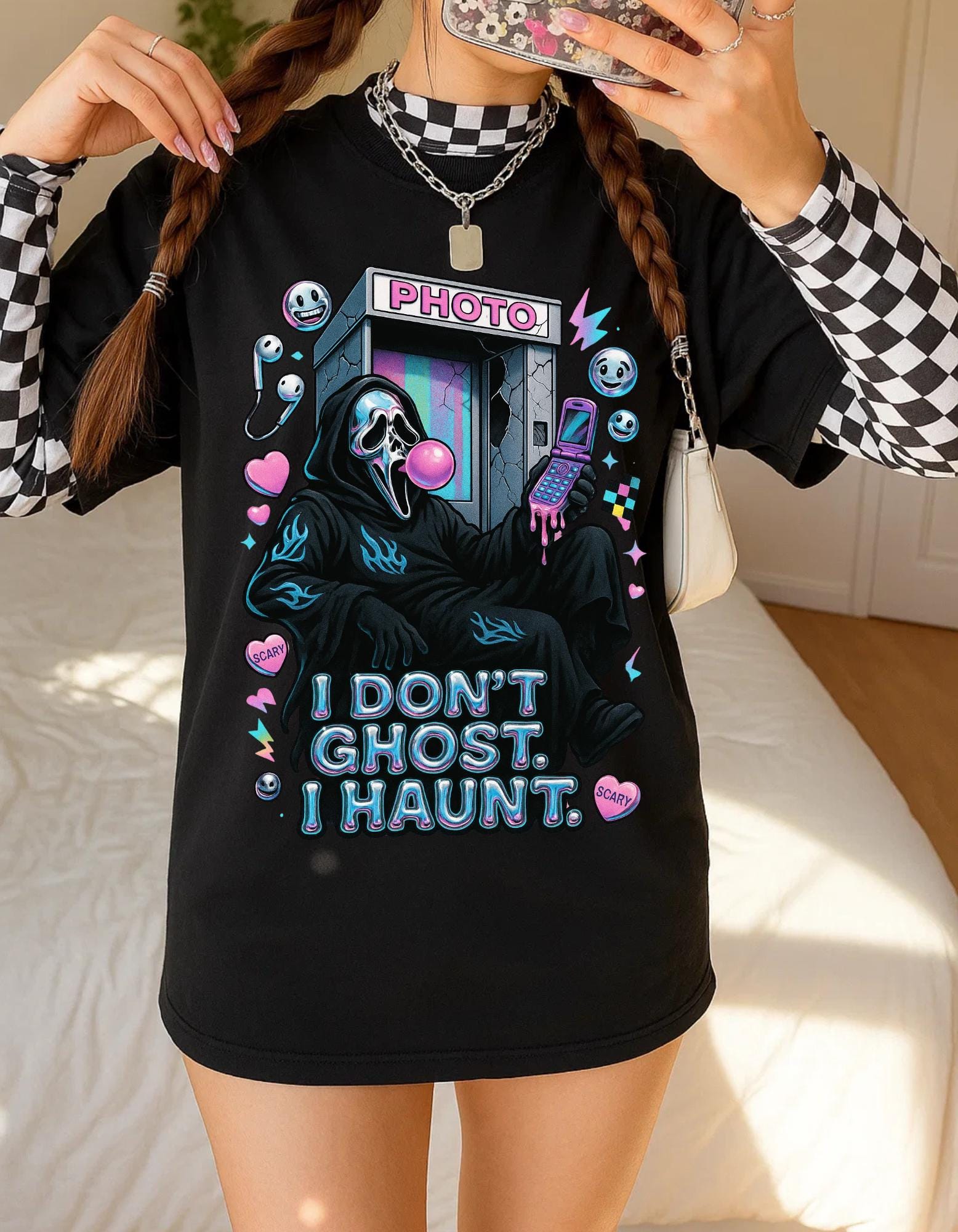 Haunting Y2K Metallic Chrome Ghost Tee - Unisex Goth Grunge Halloween Costume Graphic Shirt