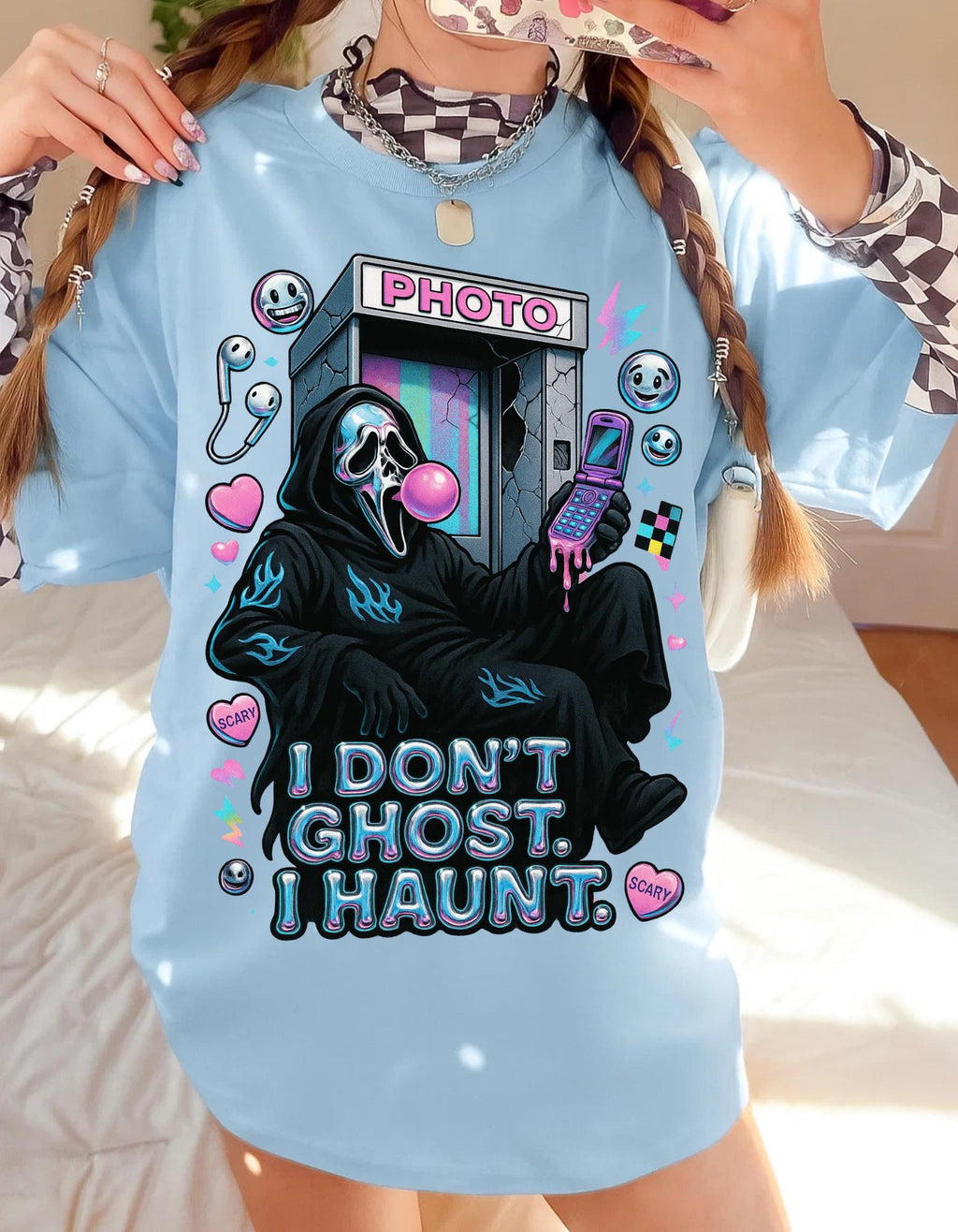 Haunting Y2K Metallic Chrome Ghost Tee - Unisex Goth Grunge Halloween Costume Graphic Shirt