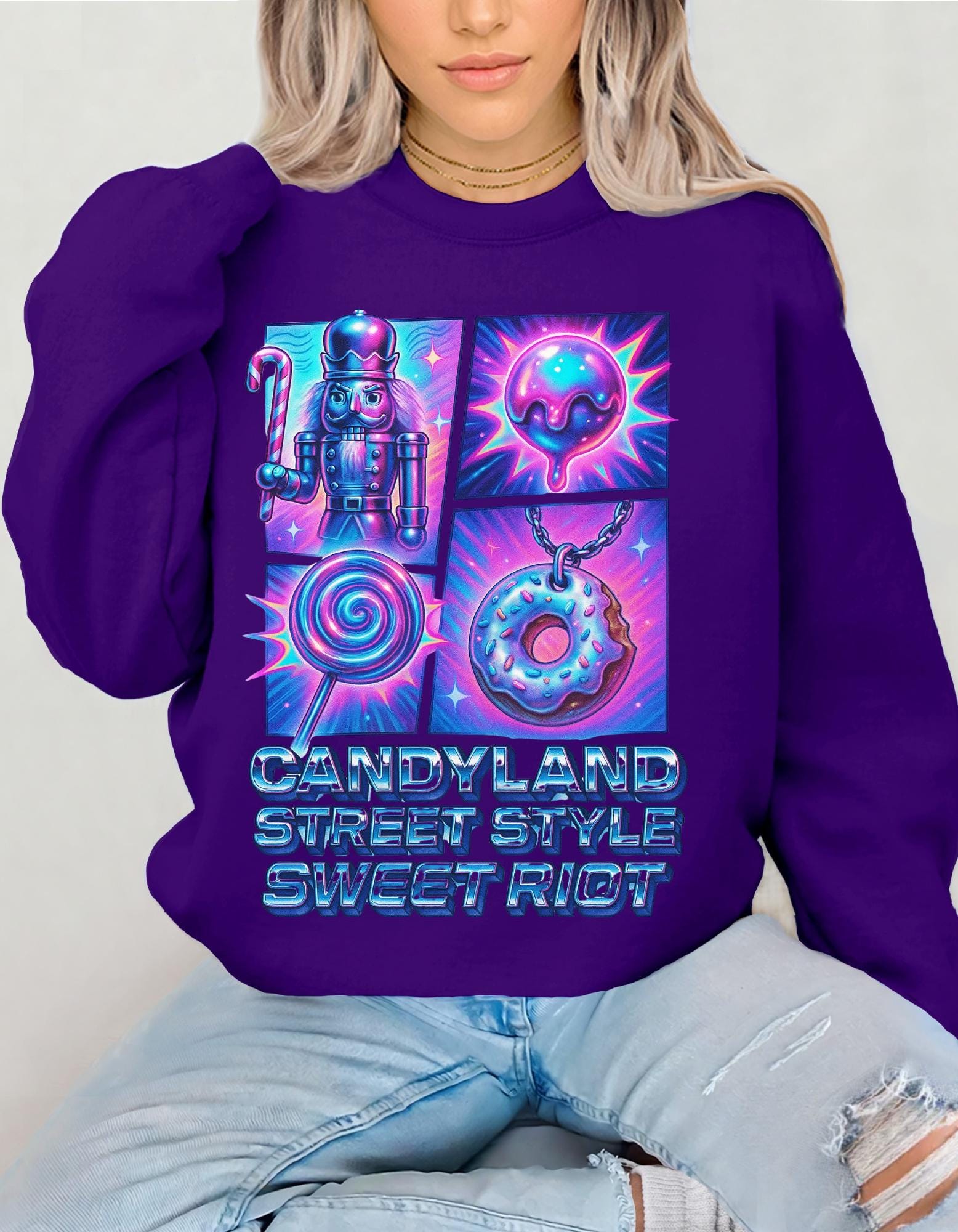 Candyland-Inspired Cozy Crewneck | Unisex Graphic Sweatshirt | Quirky Sweet Fashion Gift