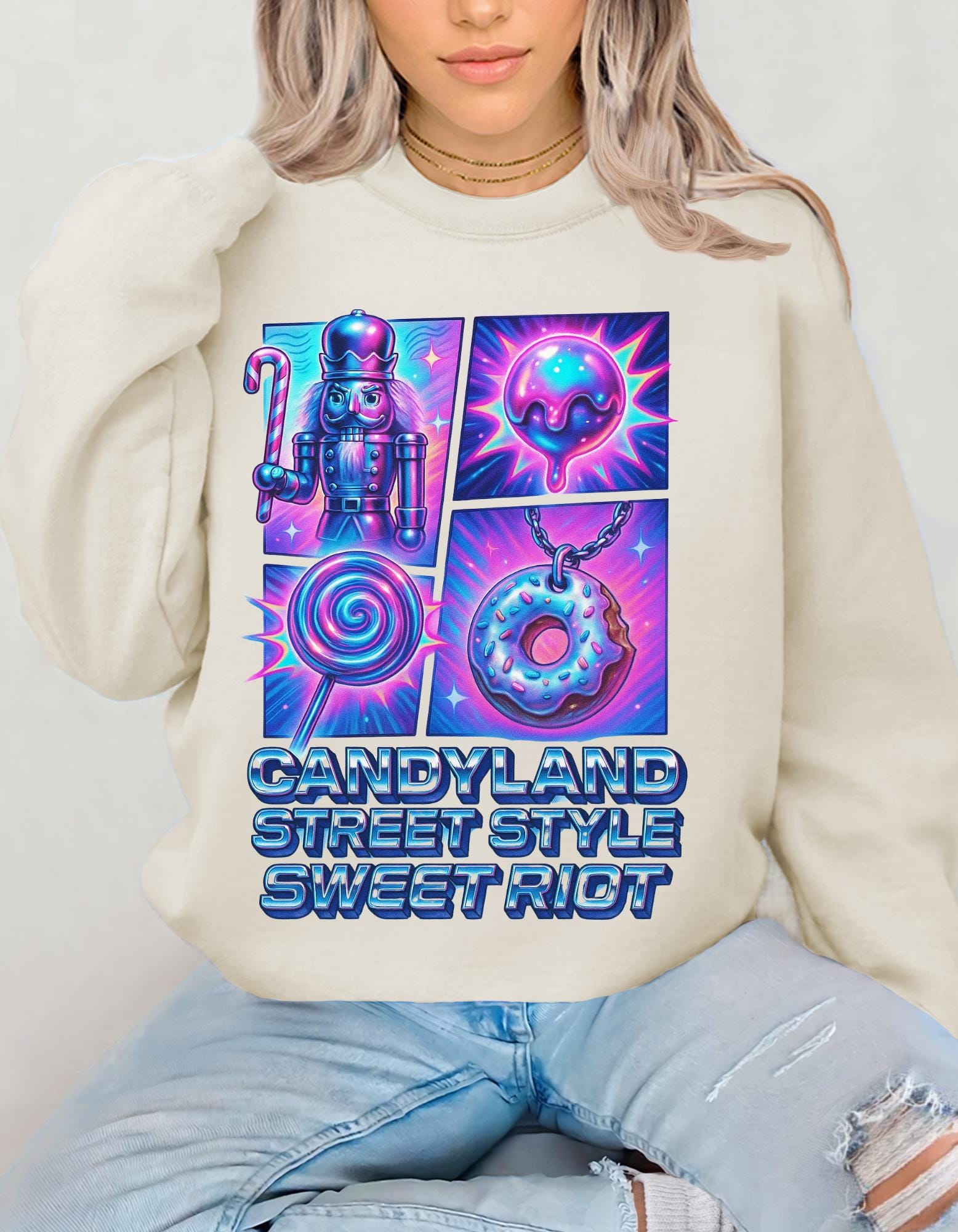 Candyland-Inspired Cozy Crewneck | Unisex Graphic Sweatshirt | Quirky Sweet Fashion Gift