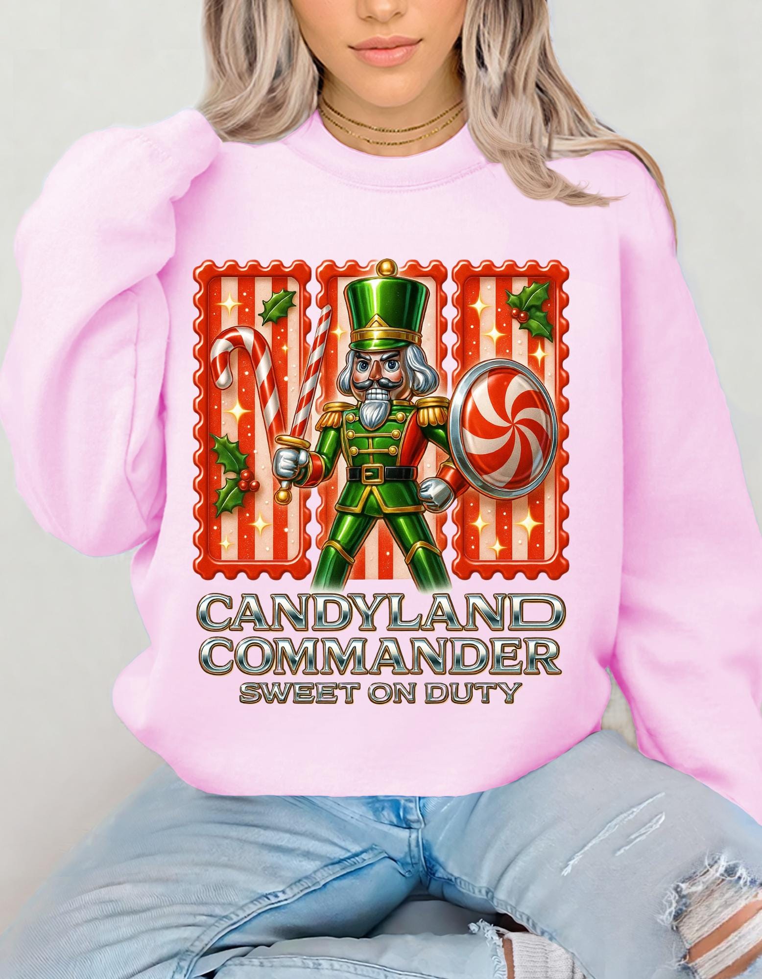 Festive Nutcracker Candyland Commander Sweatshirt: Y2K Chrome Holiday Crewneck Jumper for Christmas