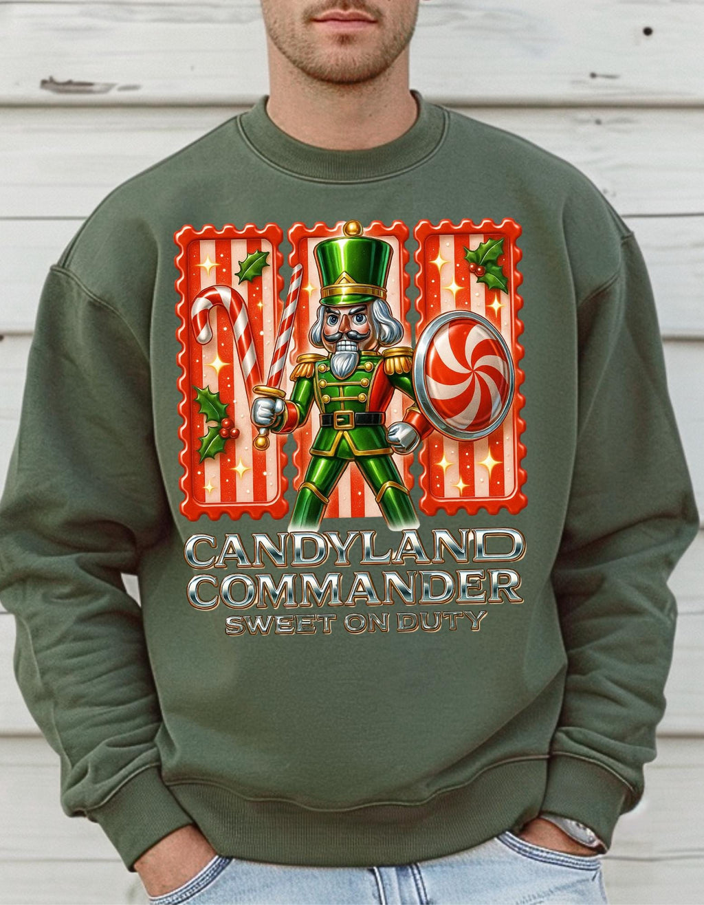 Festive Nutcracker Candyland Commander Sweatshirt: Y2K Chrome Holiday Crewneck Jumper for Christmas