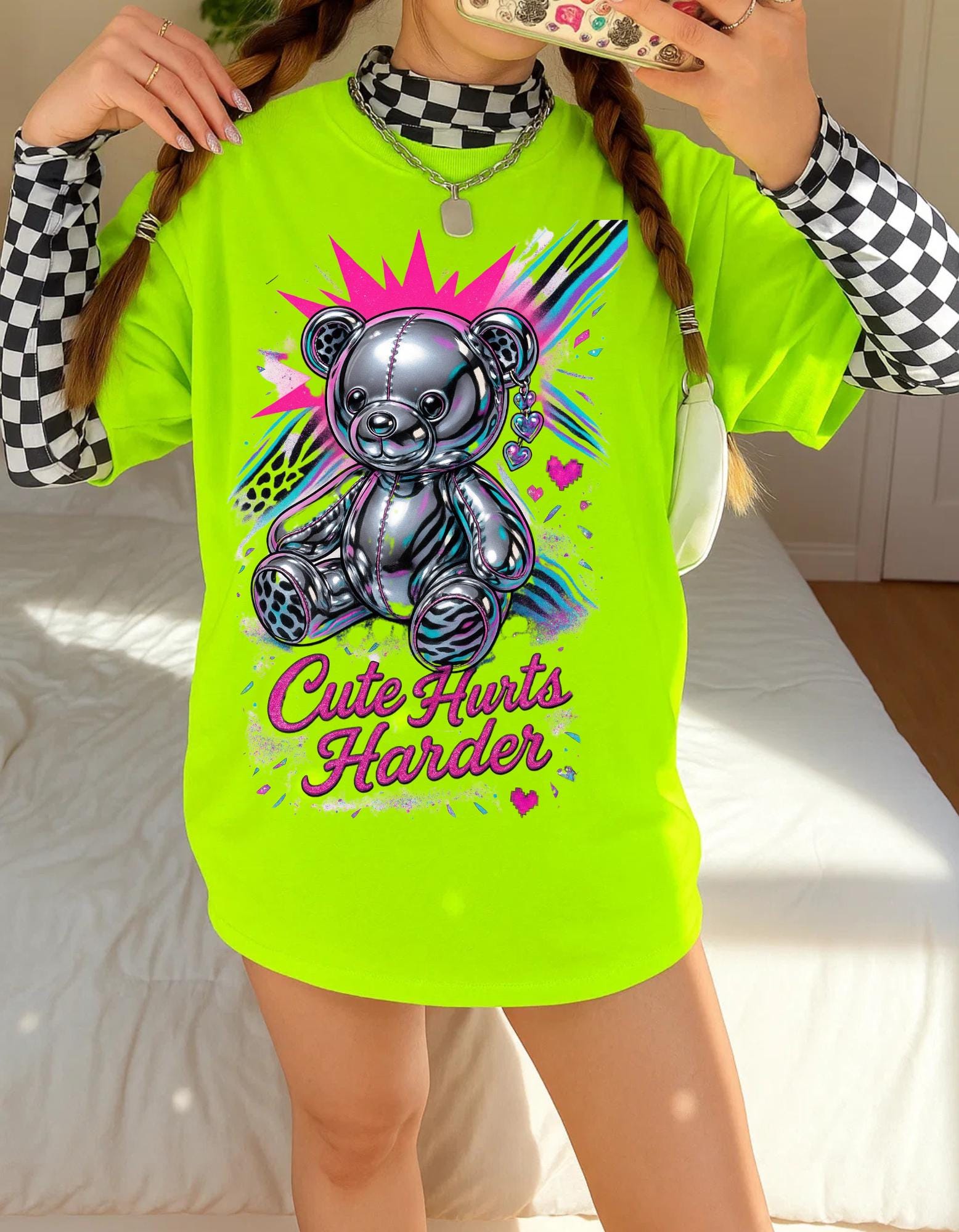Y2K Chrome Bear Graphic Tee: Unisex Kawaii retro Fashion Heavy Cotton T-Shirt