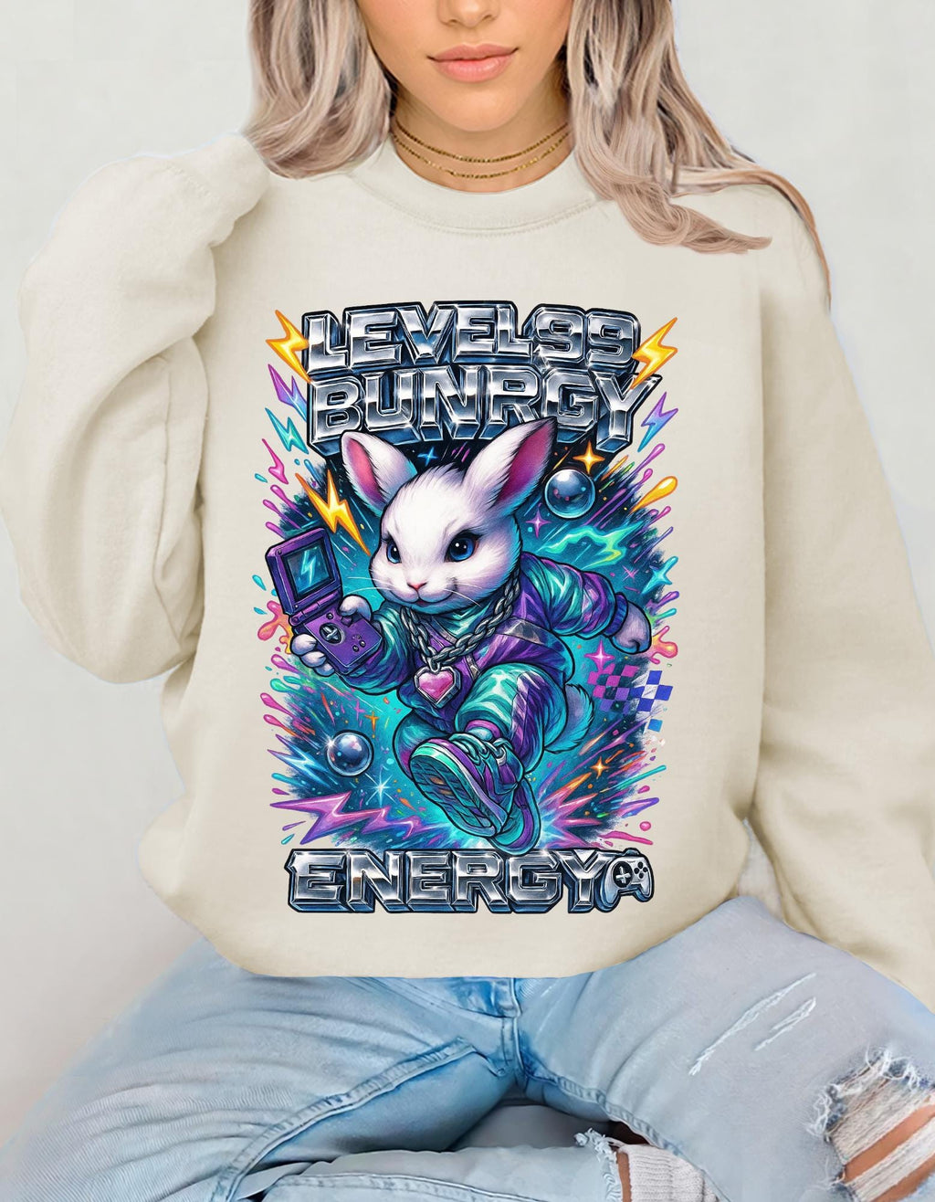 Level 99 Bunny Energy Sweatshirt | Y2K Gamer Hoodie | 2000s Nostalgia Gift | Retro Arcade Streetwear