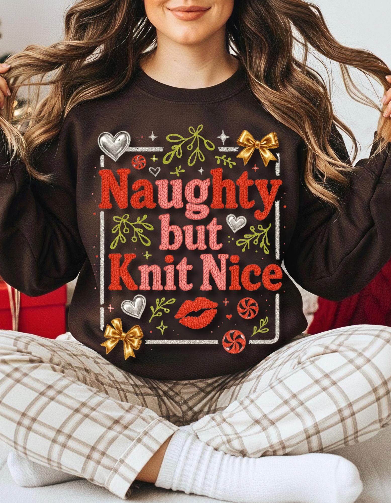 Knit Nice Unisex Crewneck Sweatshirt, Naughty Christmas Jumper, Cozy Winter Pullover, Funny Holiday Top, Gift for Knitters