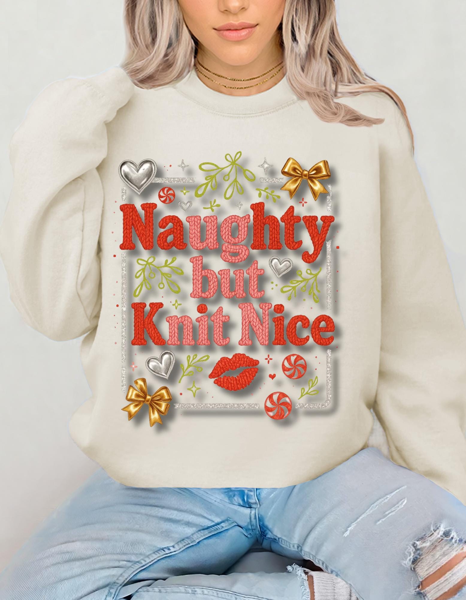 Knit Nice Unisex Crewneck Sweatshirt, Naughty Christmas Jumper, Cozy Winter Pullover, Funny Holiday Top, Gift for Knitters