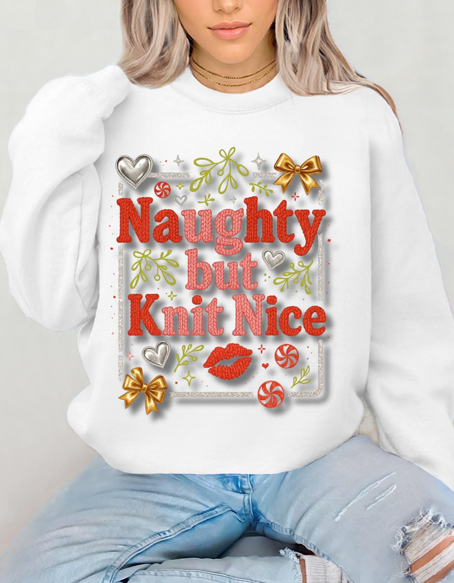 Knit Nice Unisex Crewneck Sweatshirt, Naughty Christmas Jumper, Cozy Winter Pullover, Funny Holiday Top, Gift for Knitters