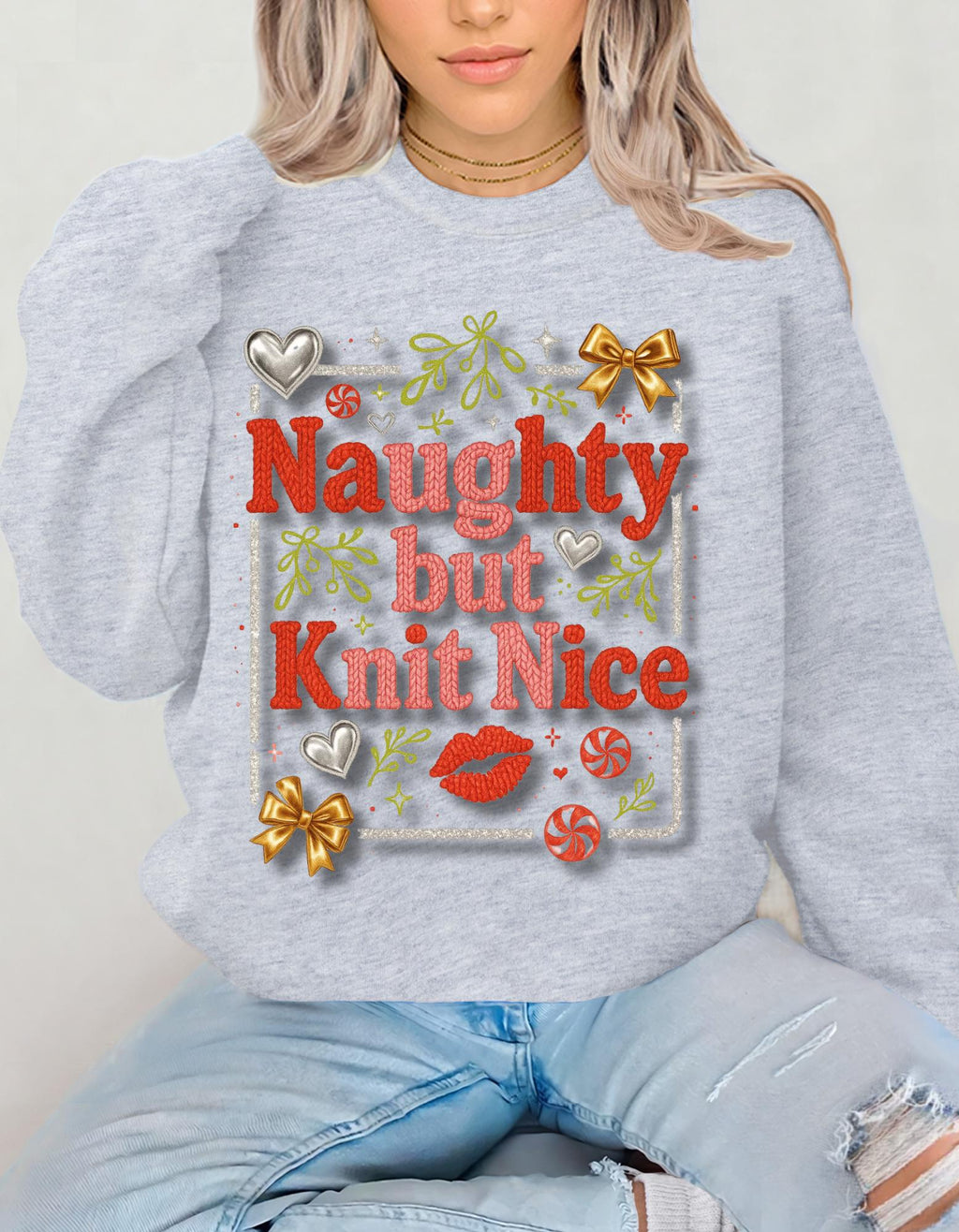 Knit Nice Unisex Crewneck Sweatshirt, Naughty Christmas Jumper, Cozy Winter Pullover, Funny Holiday Top, Gift for Knitters