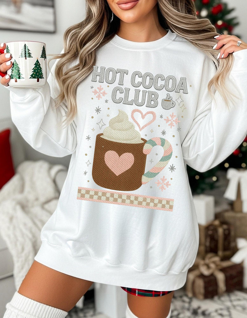 Hot Cocoa Club Y2K Retro Christmas Crewneck Sweatshirt Holiday Winter Pullover Gift